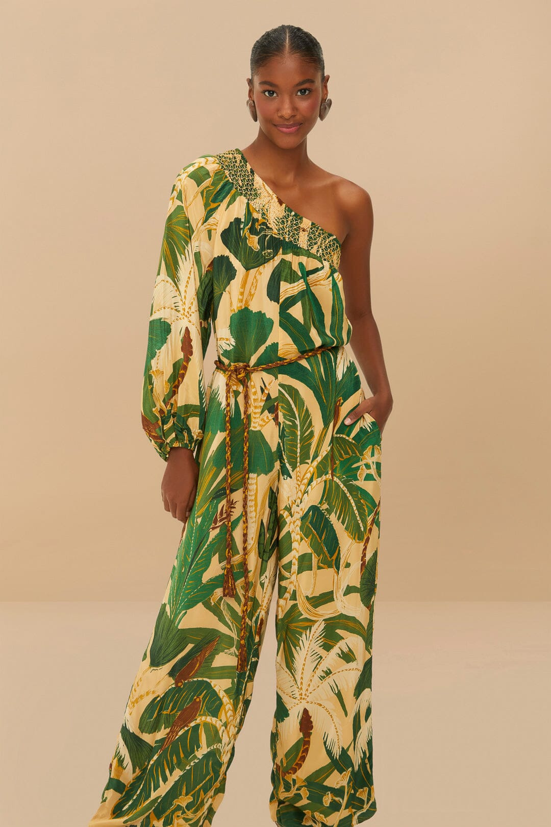 Beige Tropical Isla One-Shoulder Jumpsuit - 2