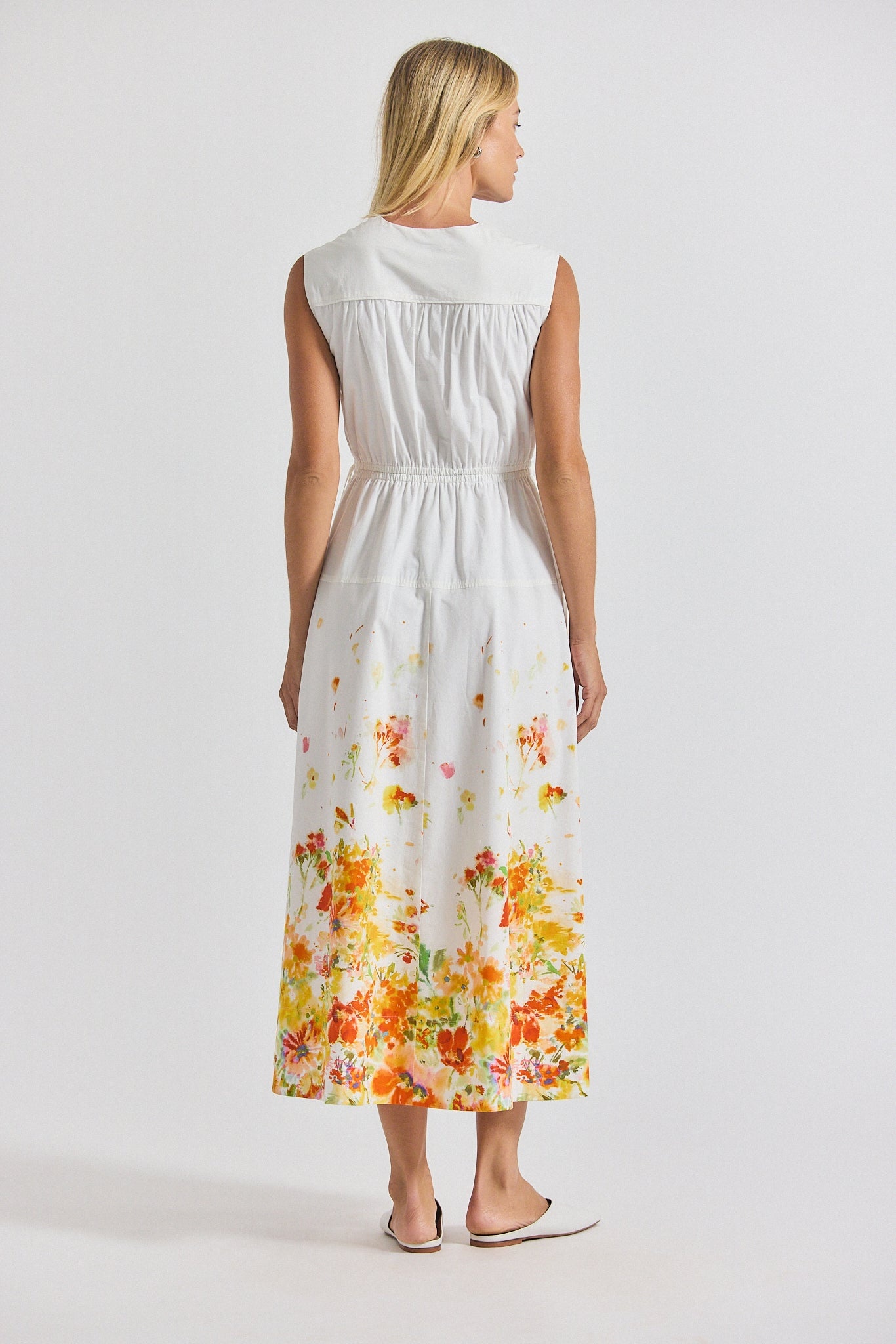NARA BORDER PRINT COTTON POPLIN CINCH WAIST MAXI DRESS - 5