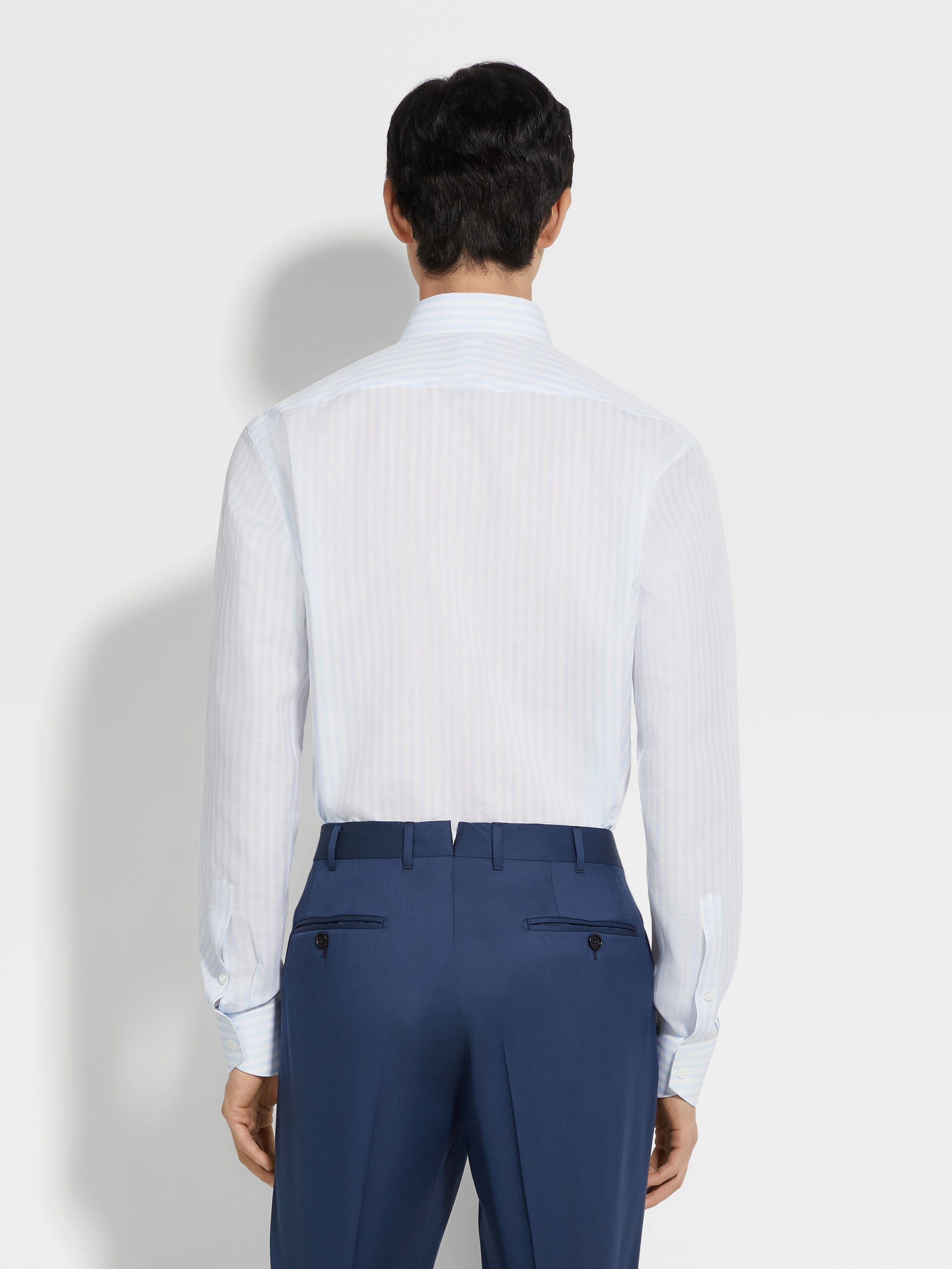 WHITE AND LIGHT BLUE MACRO-STRIPED CENTOVENTIMILA COTTON AND LINEN SHIRT - 4