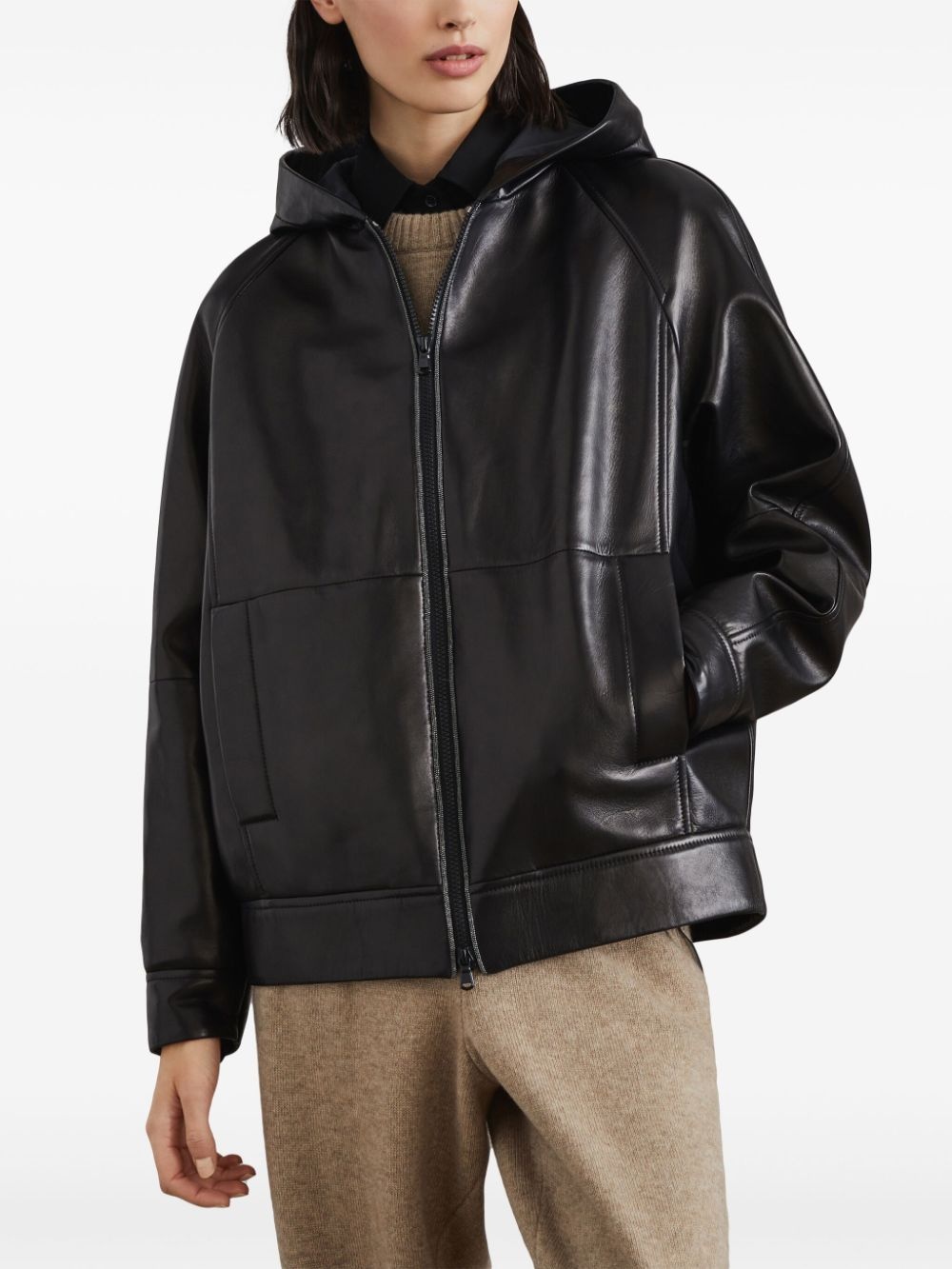 hooded leather jacket - 3