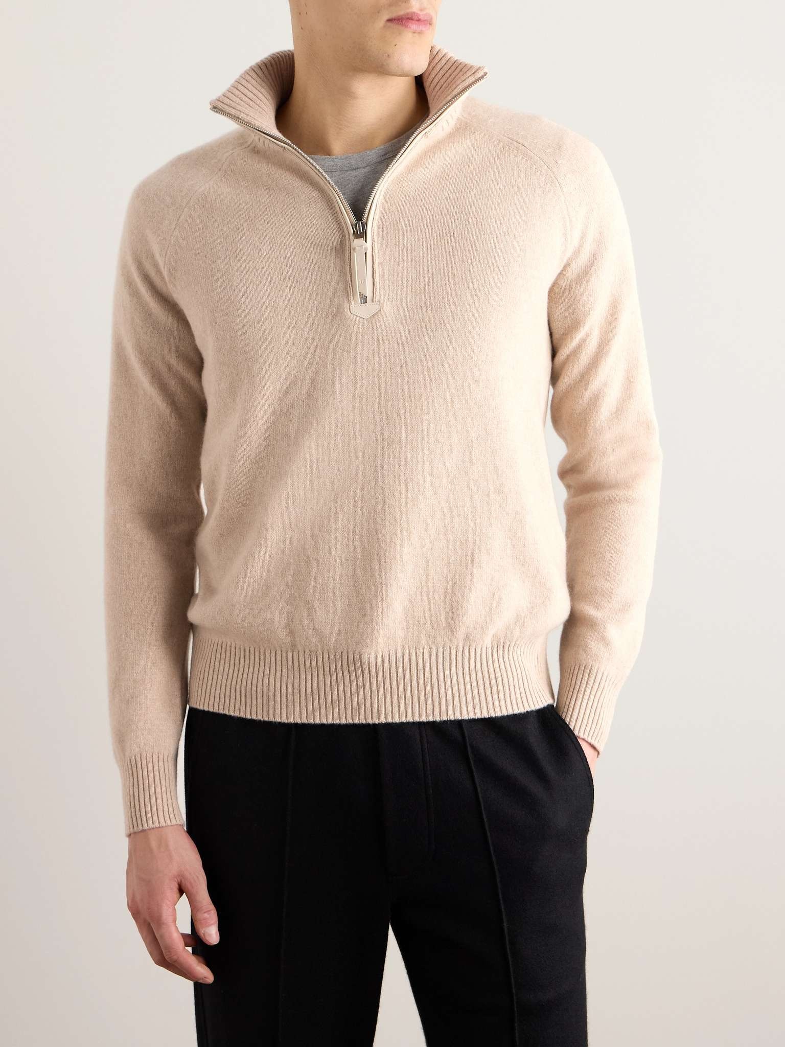 Slim-Fit Leather-Trimmed Wool and Cashmere-Blend Half-Zip Sweater - 3