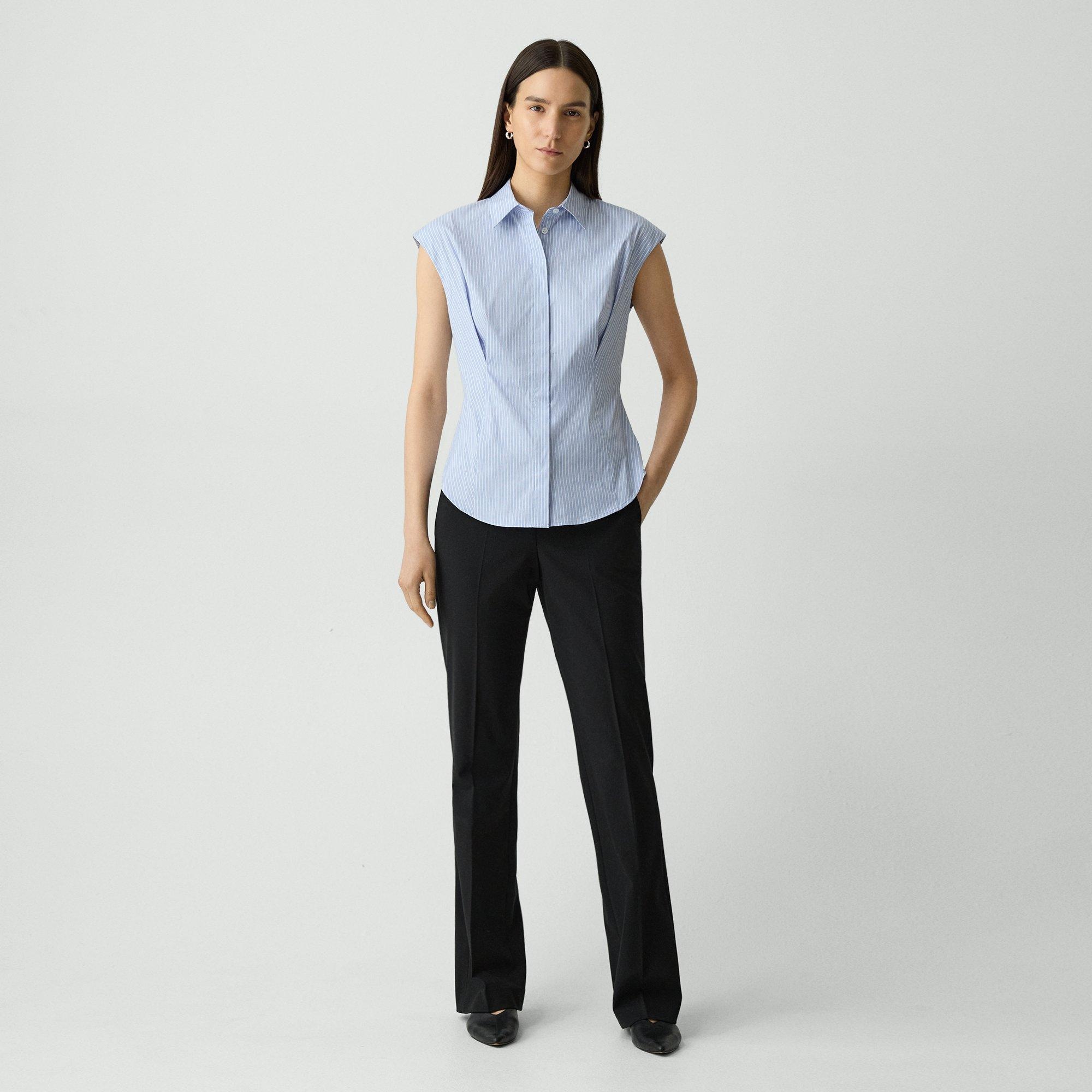 Cinched Cap-Sleeve Shirt in Striped Cotton-Blend - 6