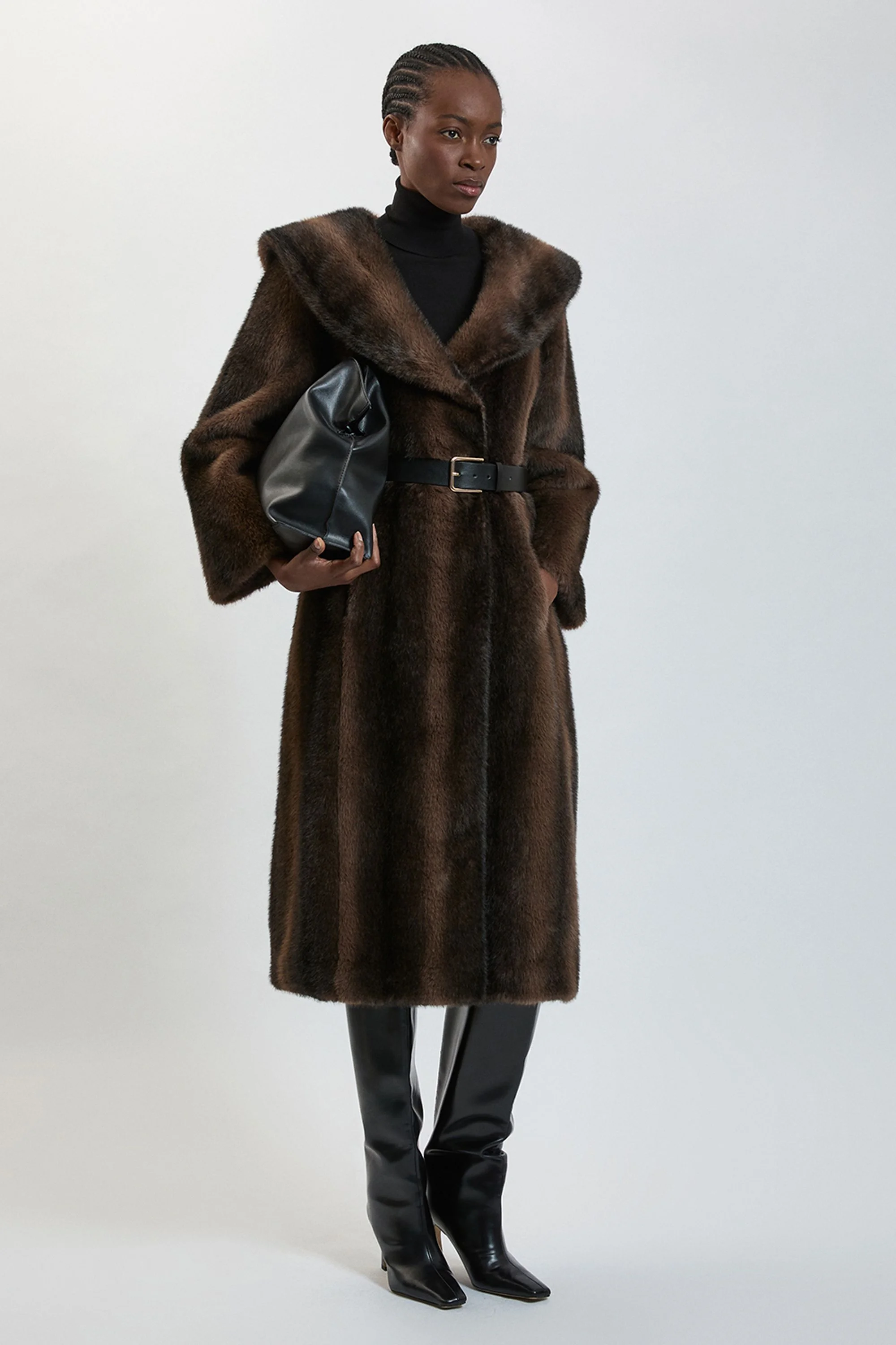Faux Fur Oversize Collar Belted Midi Coat - 1
