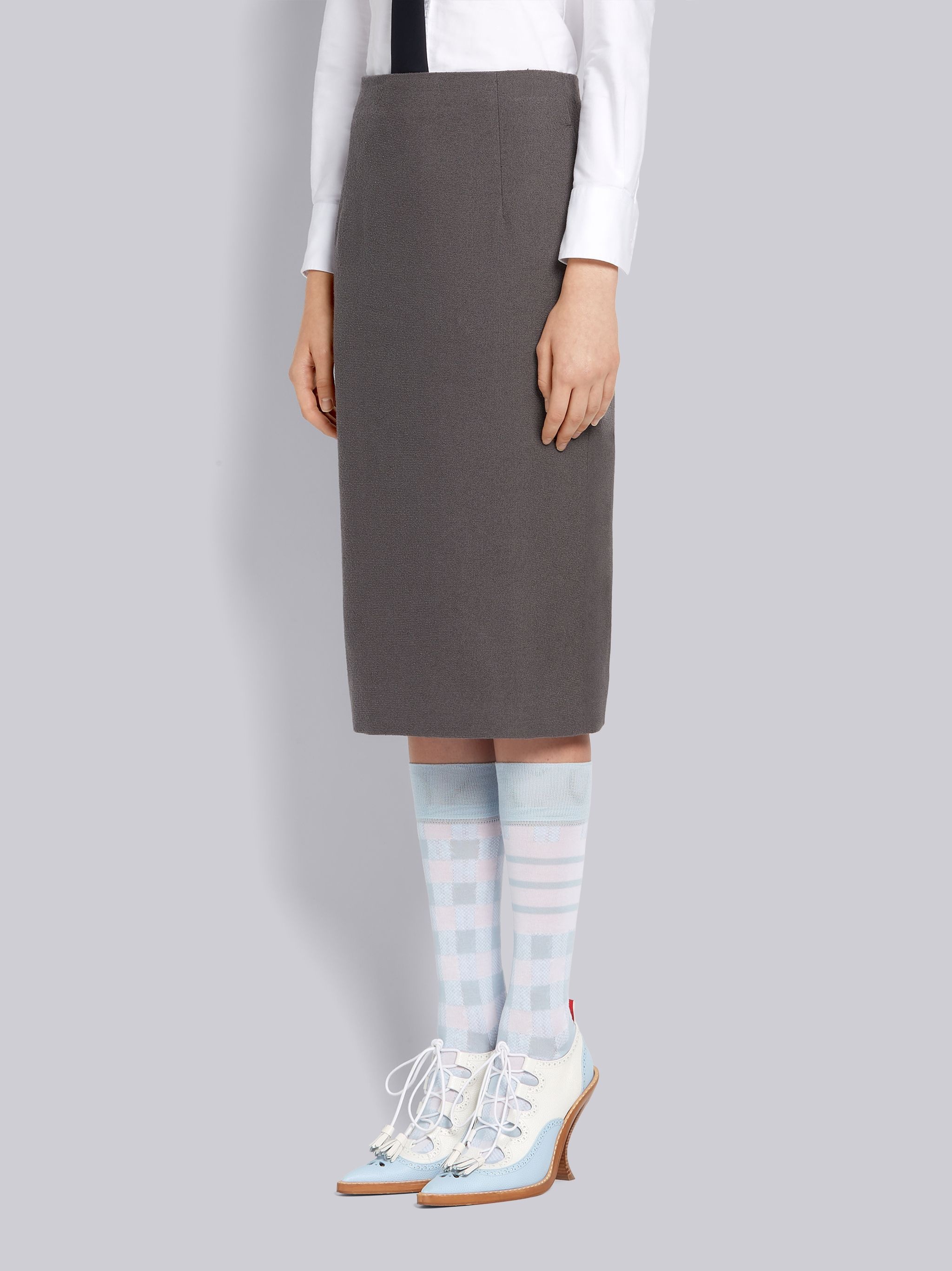 Dark Grey Cotton Boucle Suiting Side Engineered Stripe Knee Length Sheath Pencil Skirt - 2