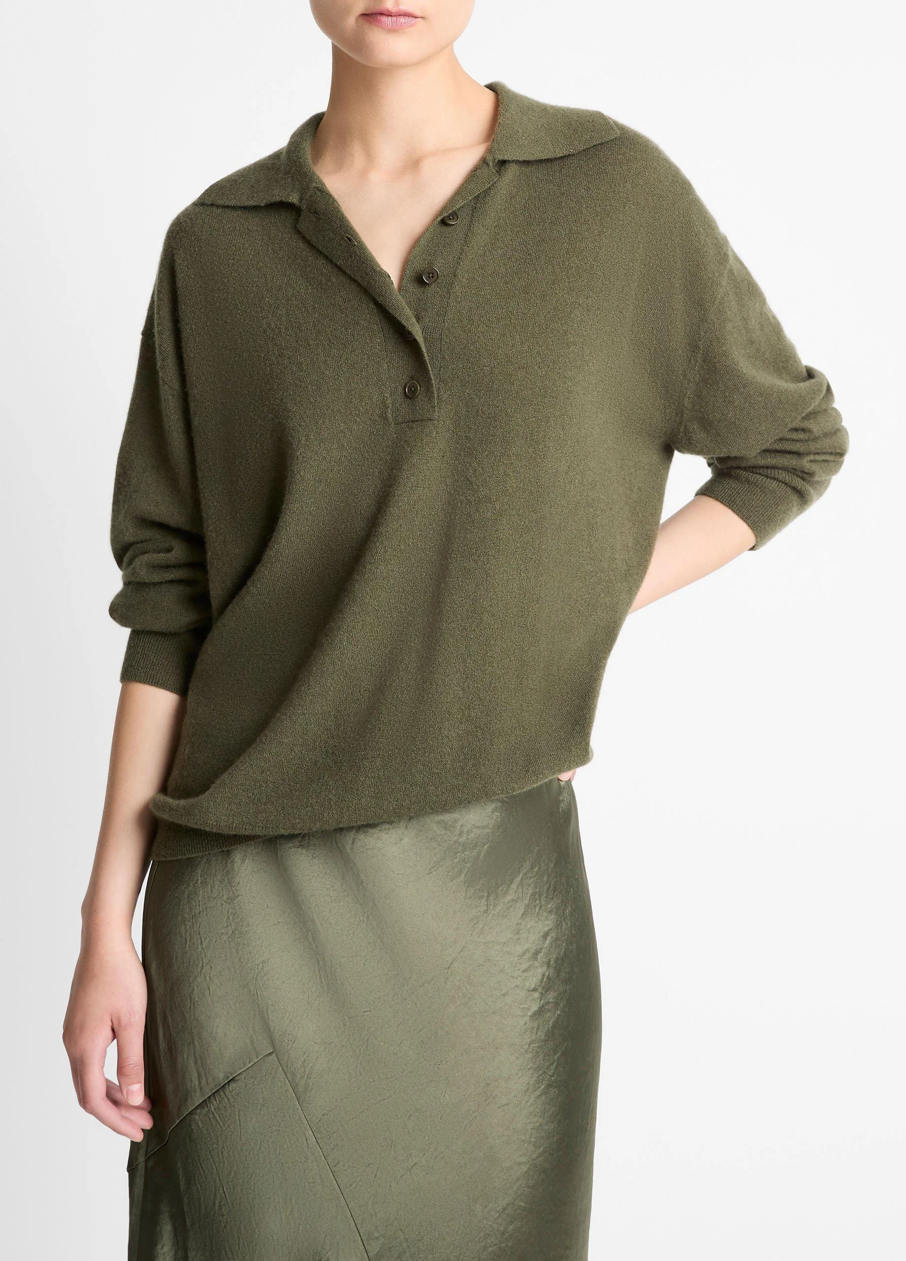 Cashmere-Silk Wide-Placket Polo Sweater - 1