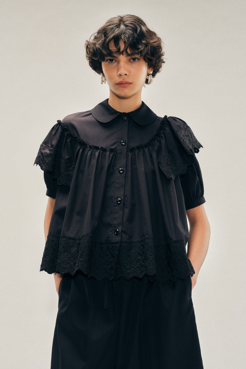 Cropped Puff Sleeve Ruffle Frill Trim Shirt 1