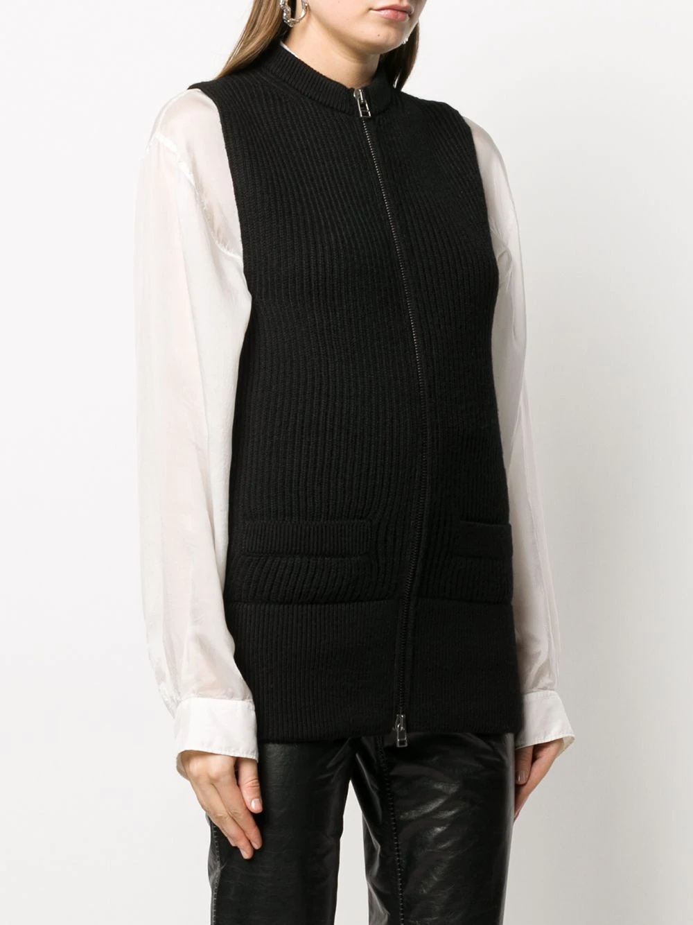 rib-knit zipped long-line gilet - 3