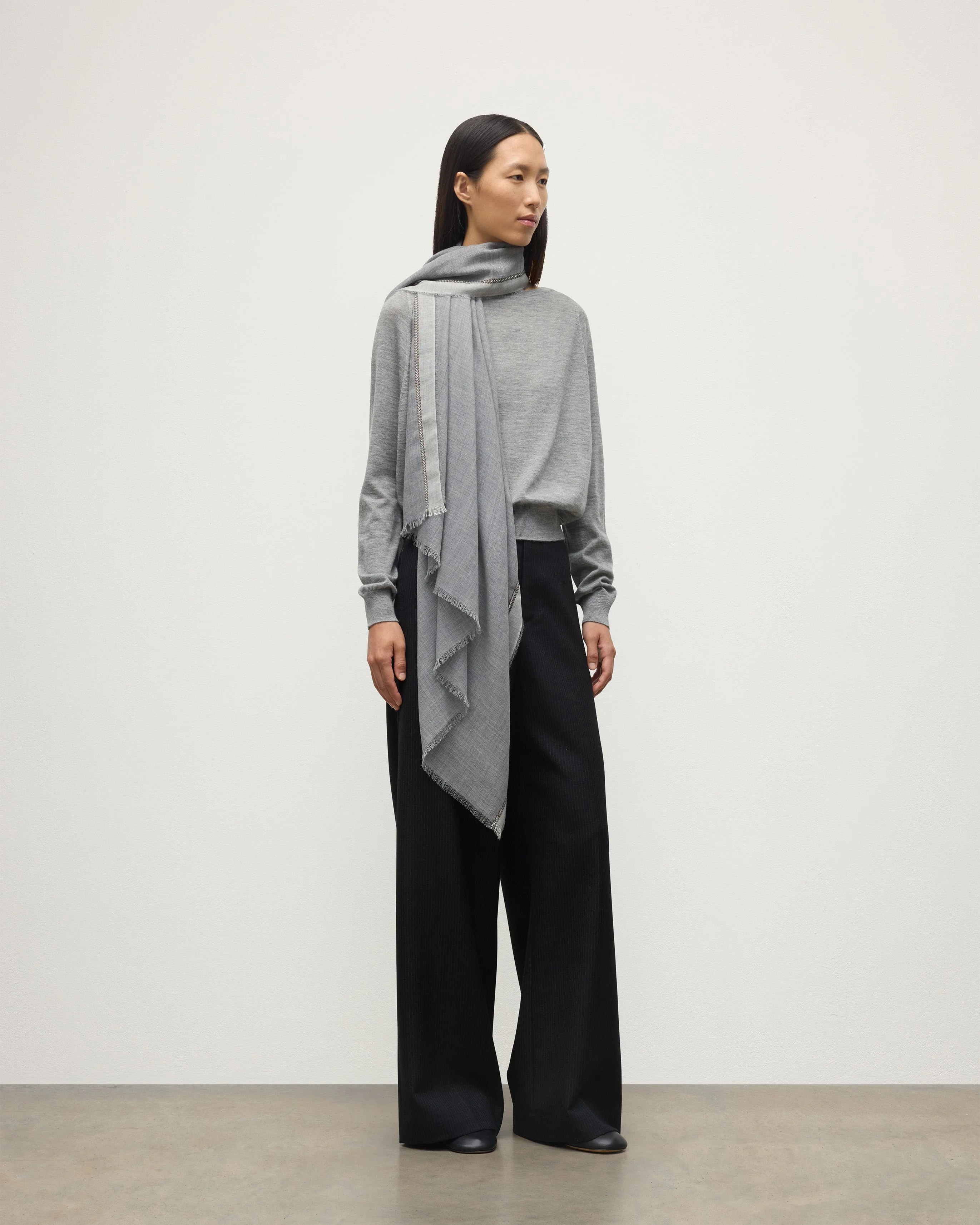 Ives Grey Chevron Border Cashmere Scarf - 1