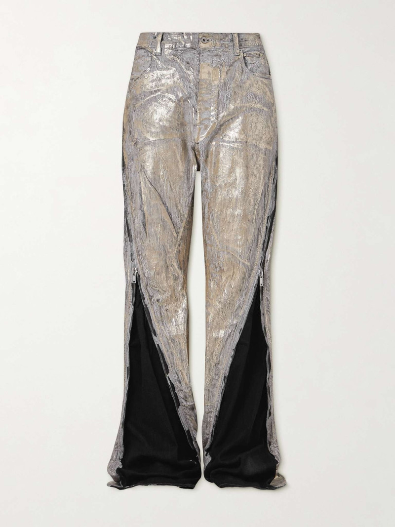 Bolan Flared Zip-Embellished Distressed Metallic Jeans 1