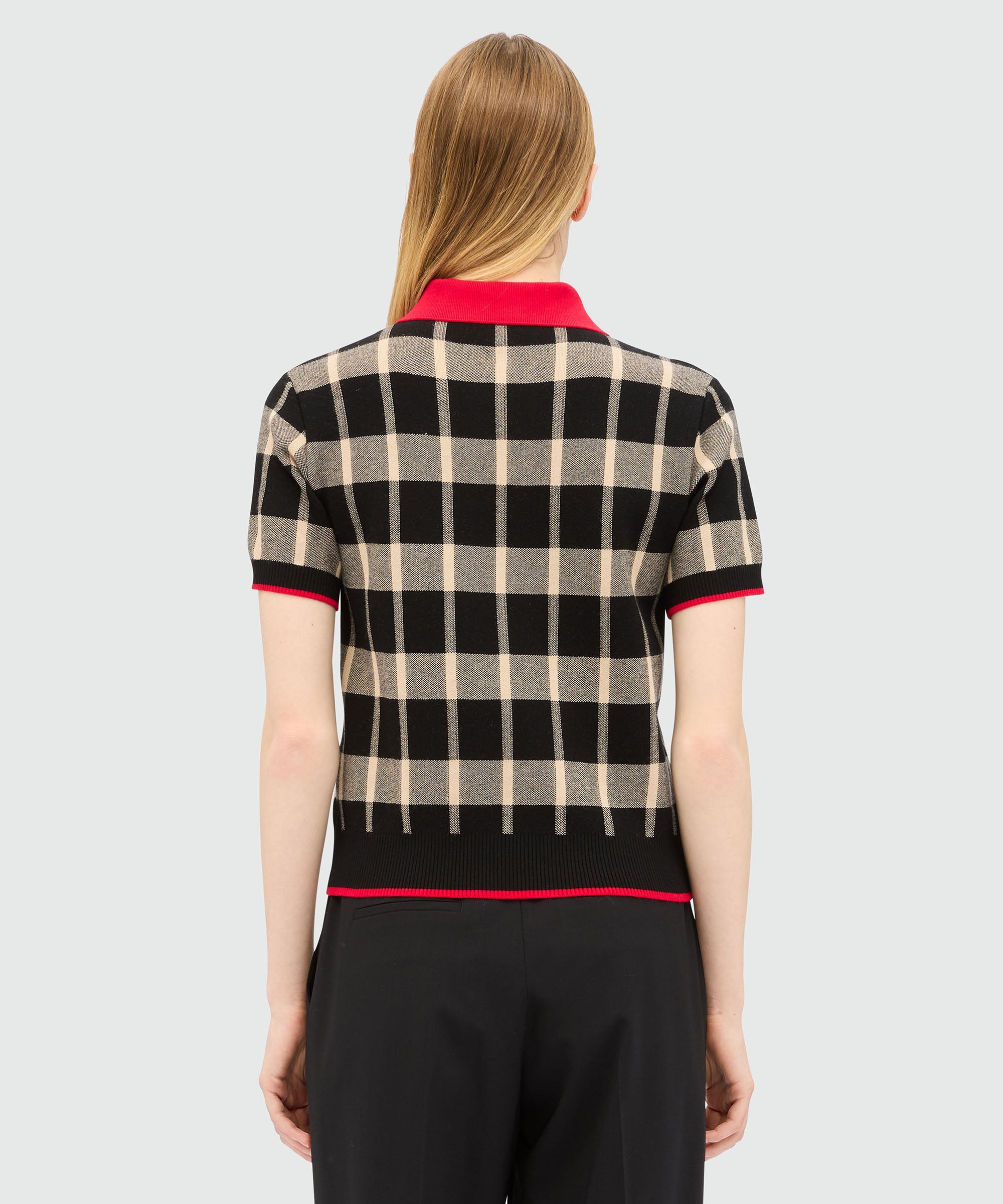 Black short-sleeved polo shirt in techno piquet with check pattern - 3
