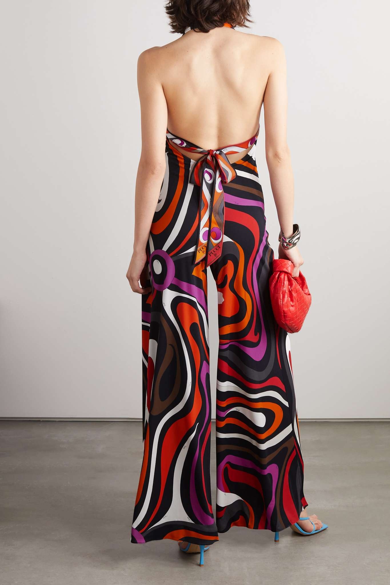 Printed silk satin-trimmed jersey halterneck jumpsuit - 3