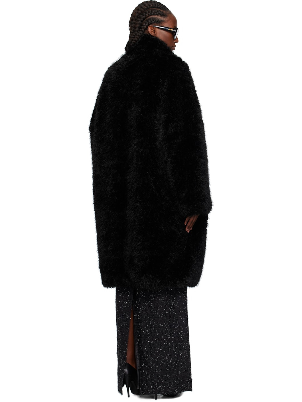 Black Notched Lapel Faux-Fur Coat - 3