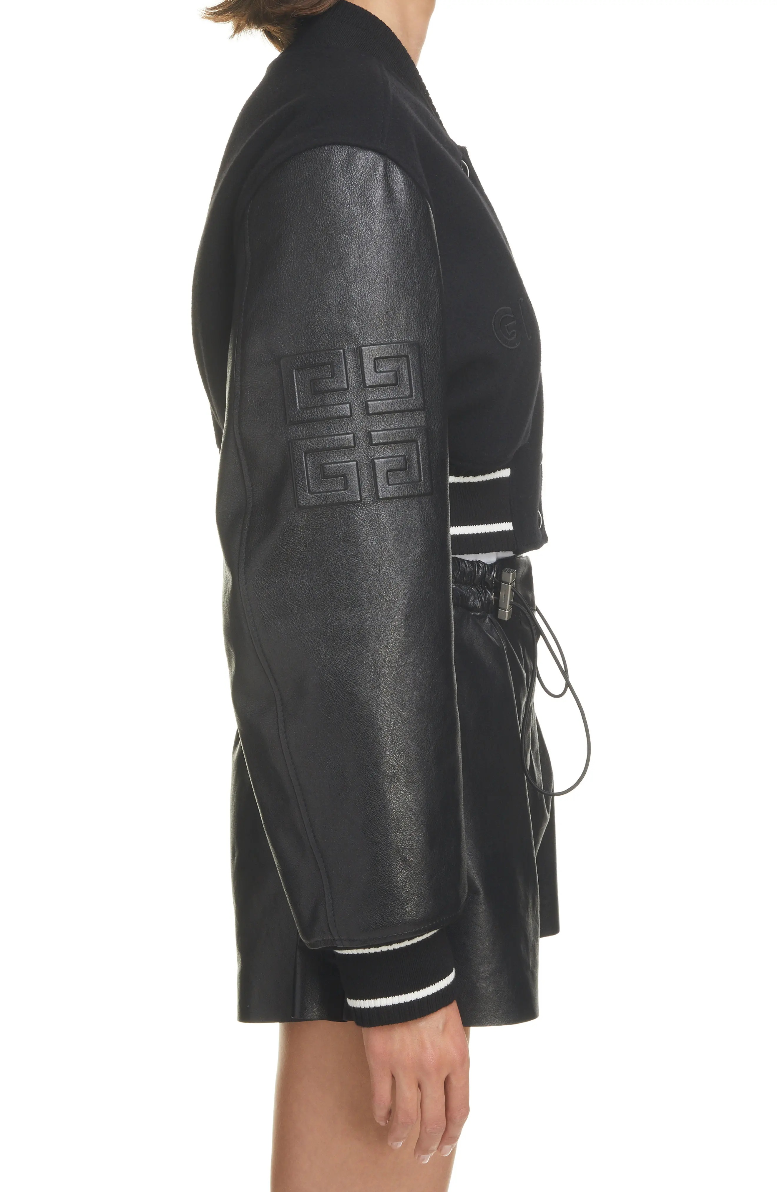Givenchy Leather Sleeve Logo Crop Varsity Jacket in Black