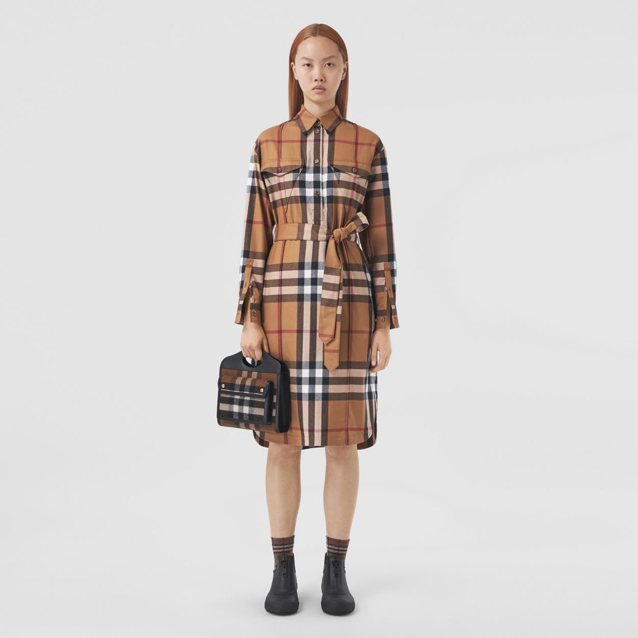 Check Wool Tie-waist Shirt Dress - 2