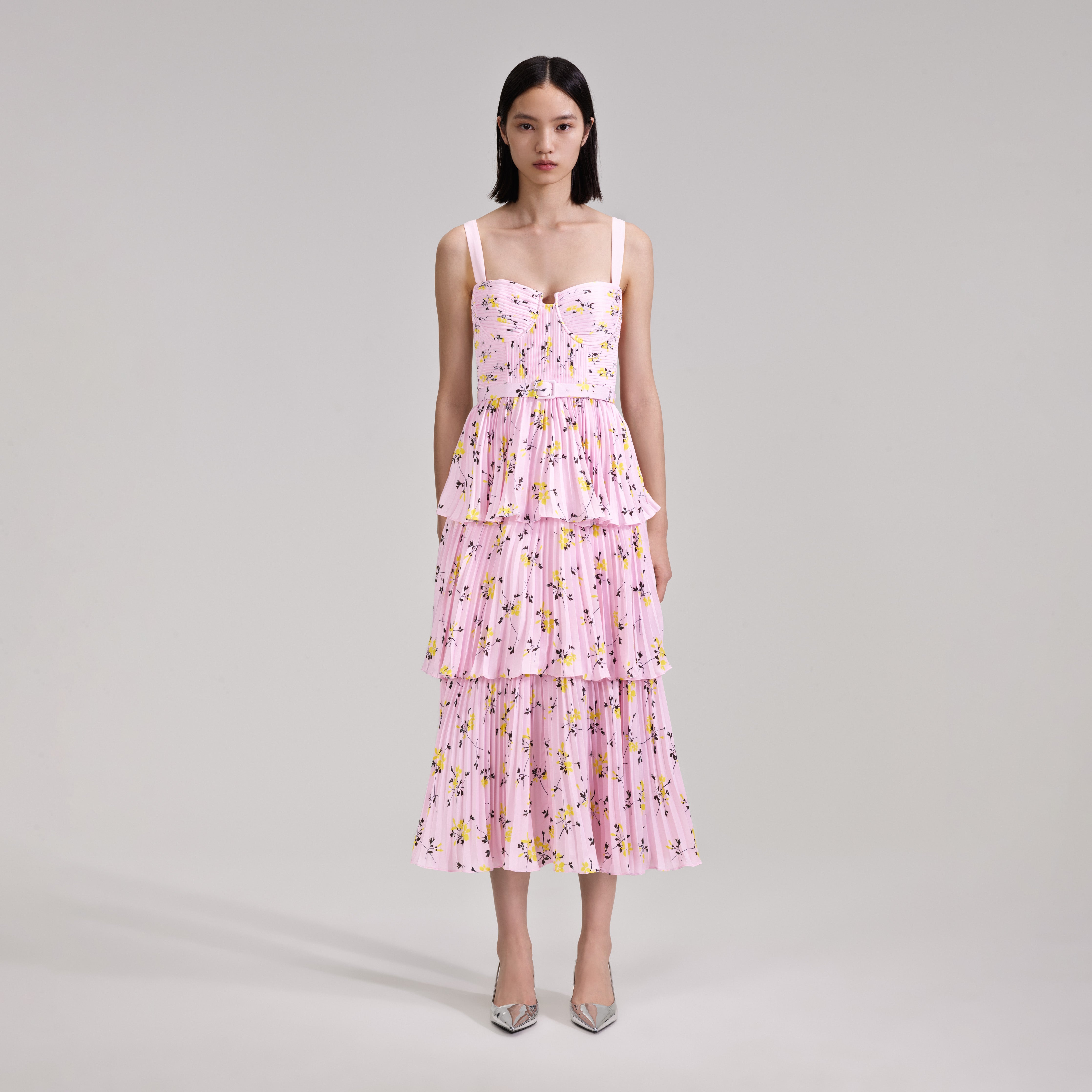 Pink Floral Print Tiered Midi Dress - 1