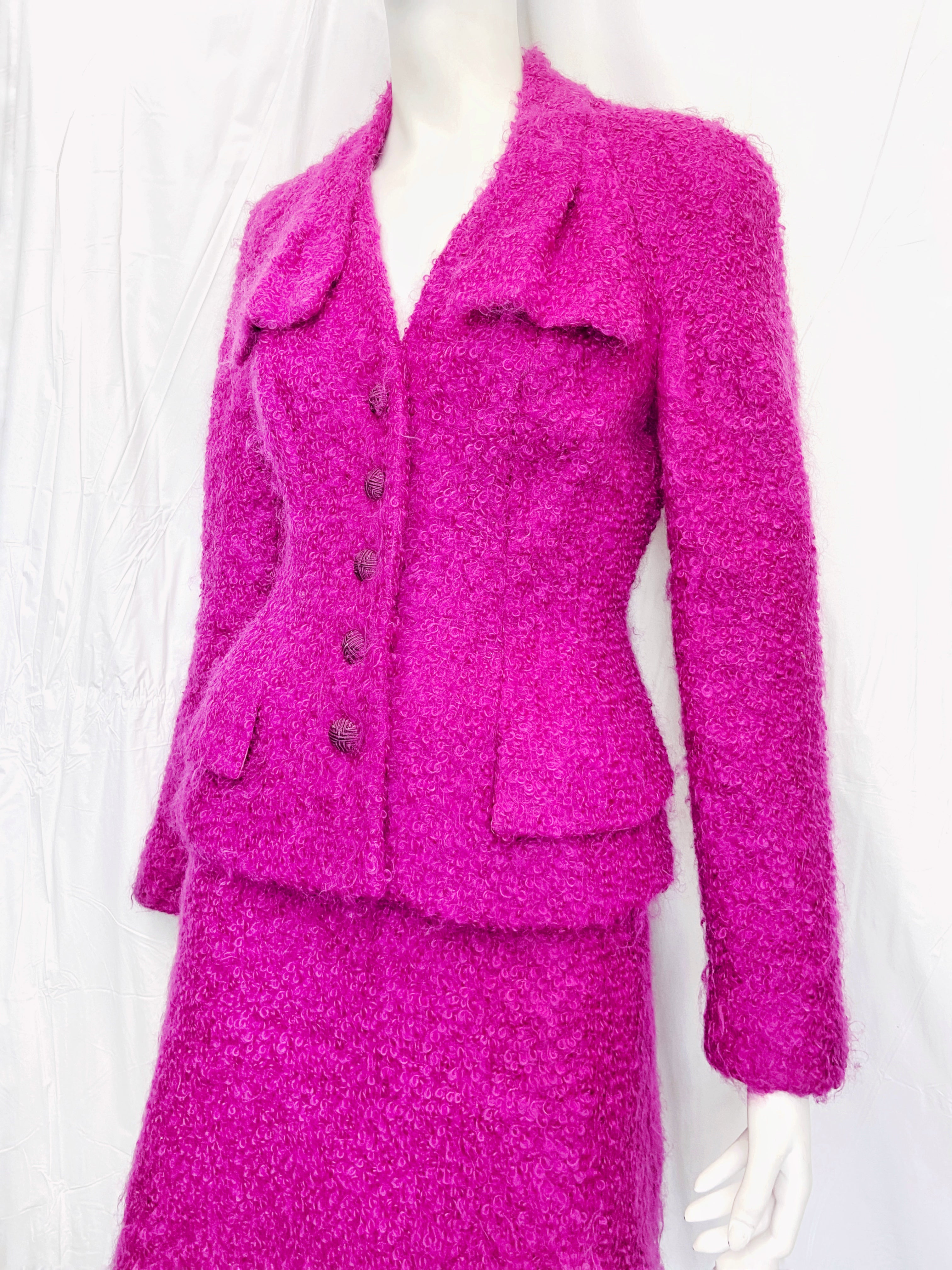 Christian Dior Fall 1997 John Galliano Fuschia Mohair Bar Jacket Skirt Suit - 6