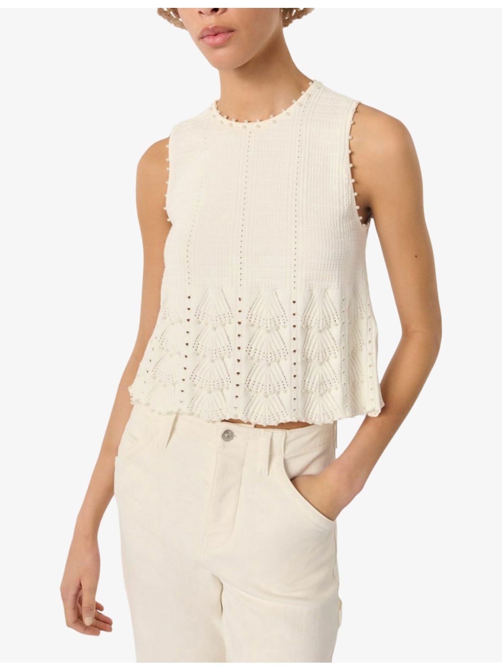 Sleeveless Bead-Embellished Cotton-Blend Top - 3