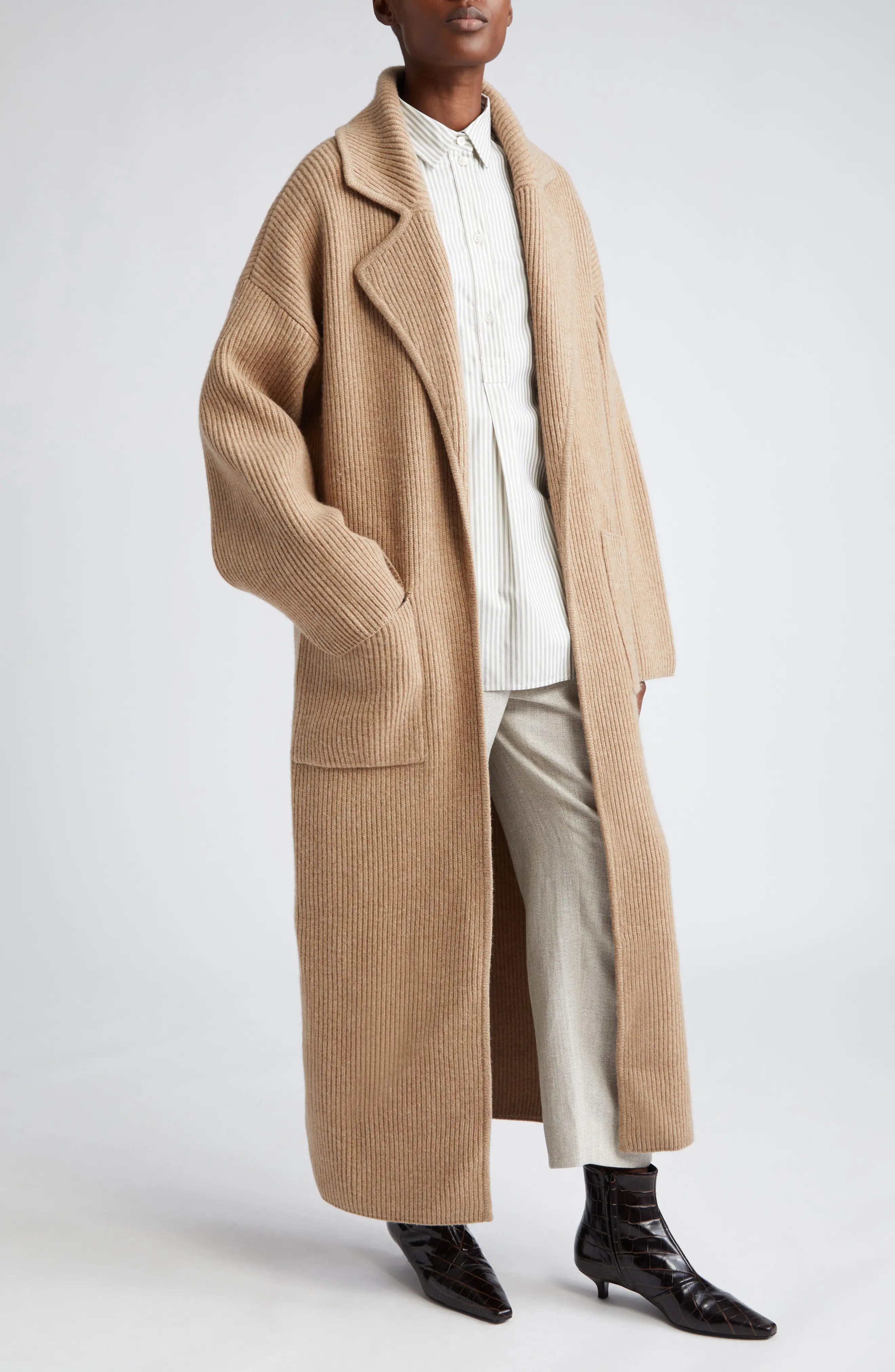 Wool Blend Rib Cardigan Coat - 4