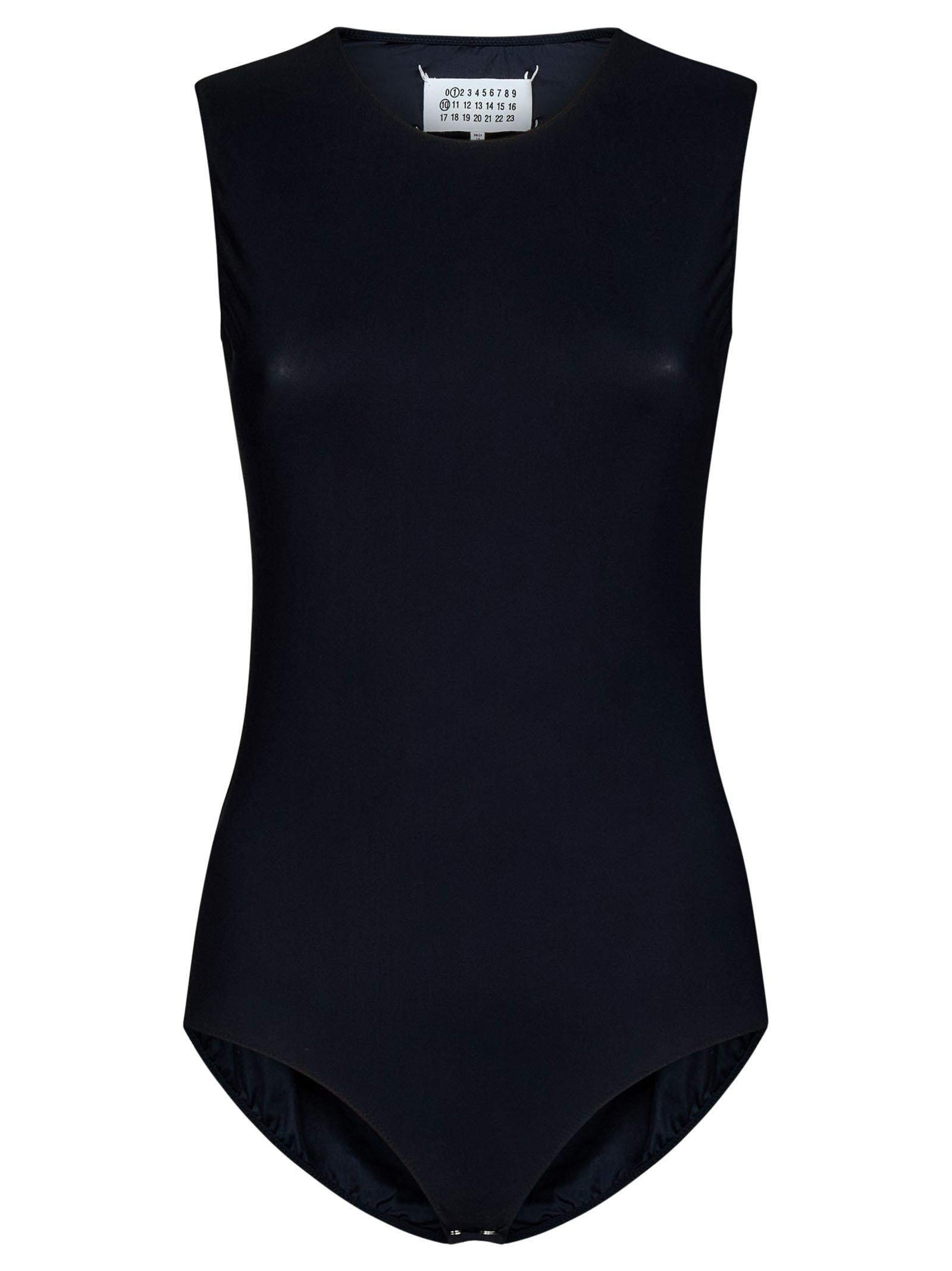 Black sleeveless stretch jersey bodysuit with white Four stitches at back. - 1