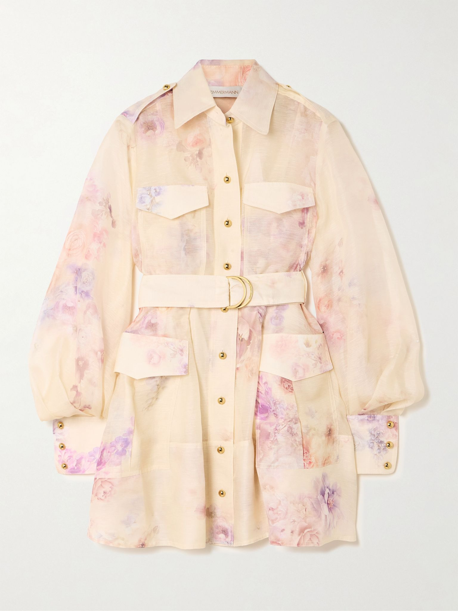 Hypnotic belted floral-print linen and silk-blend mini dress Cream - 1