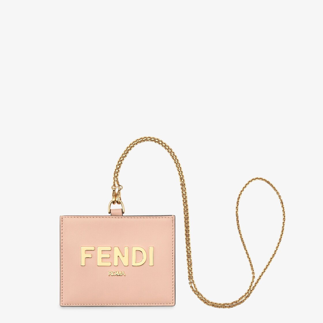 Fendi Roma name badge with a flat pocket and metal chain. Made of pink leather. Gold-finish metalwar - 1