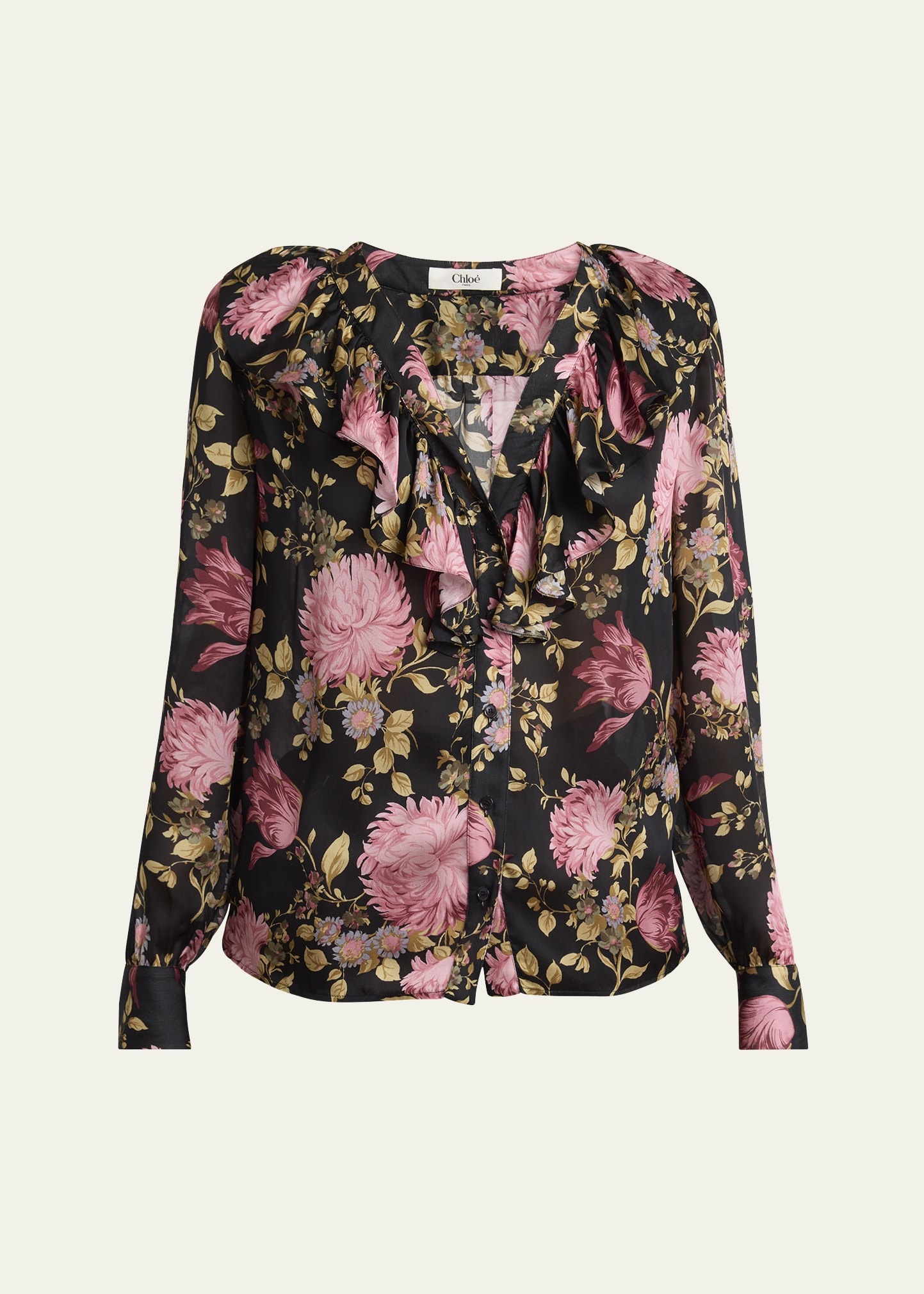 Floral Ruffle-Trim Button Down Silk Top - 1