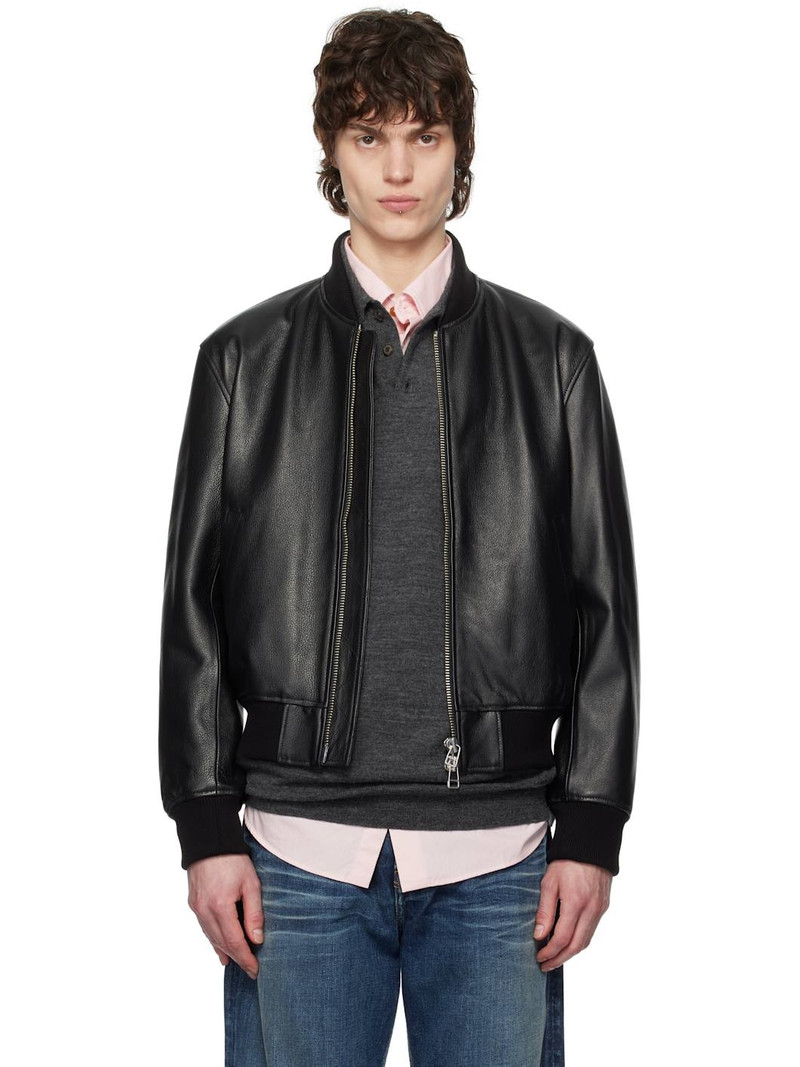 Black Grained Leather Bomber Jacket 1