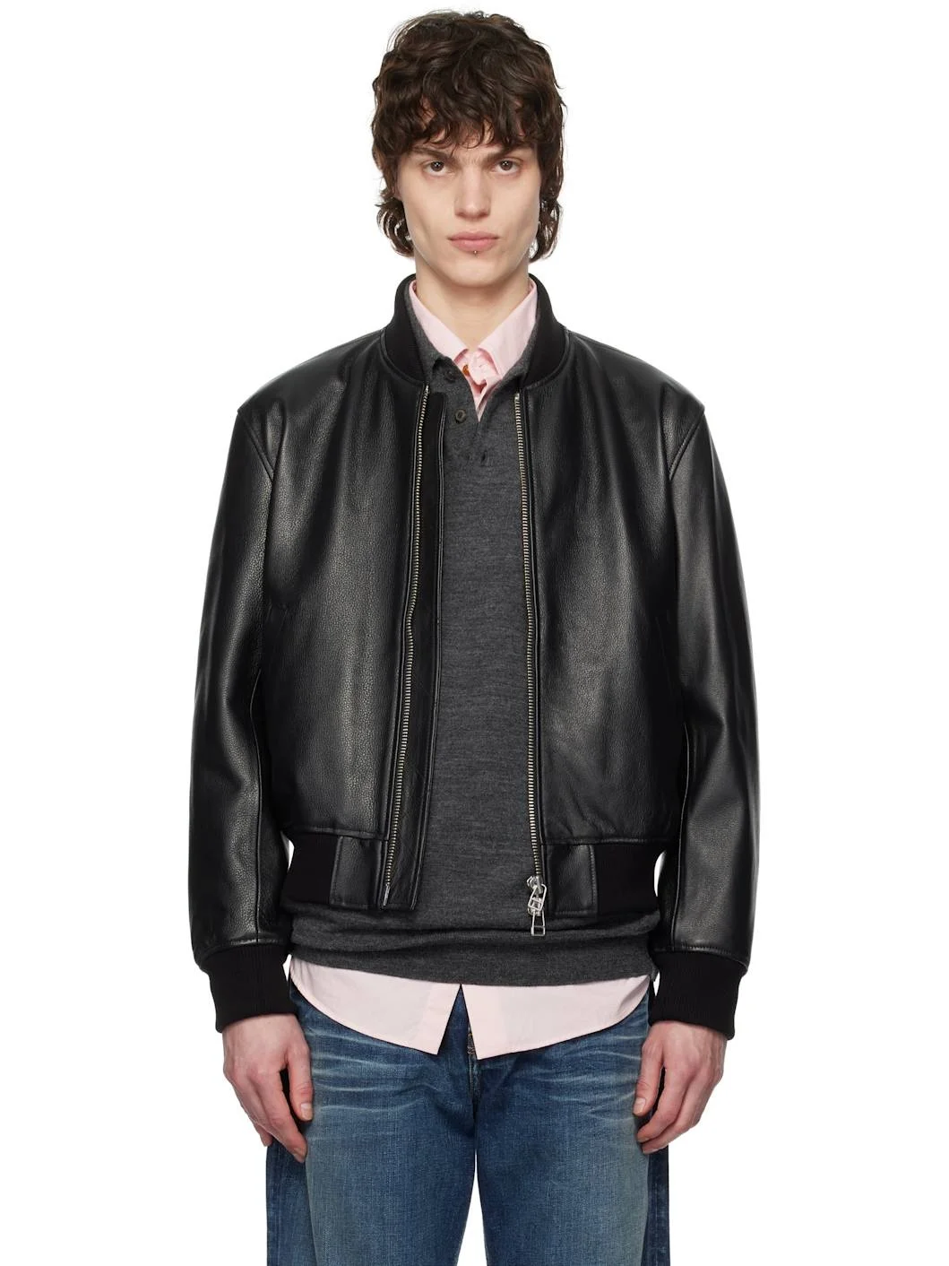Black Grained Leather Bomber Jacket - 1