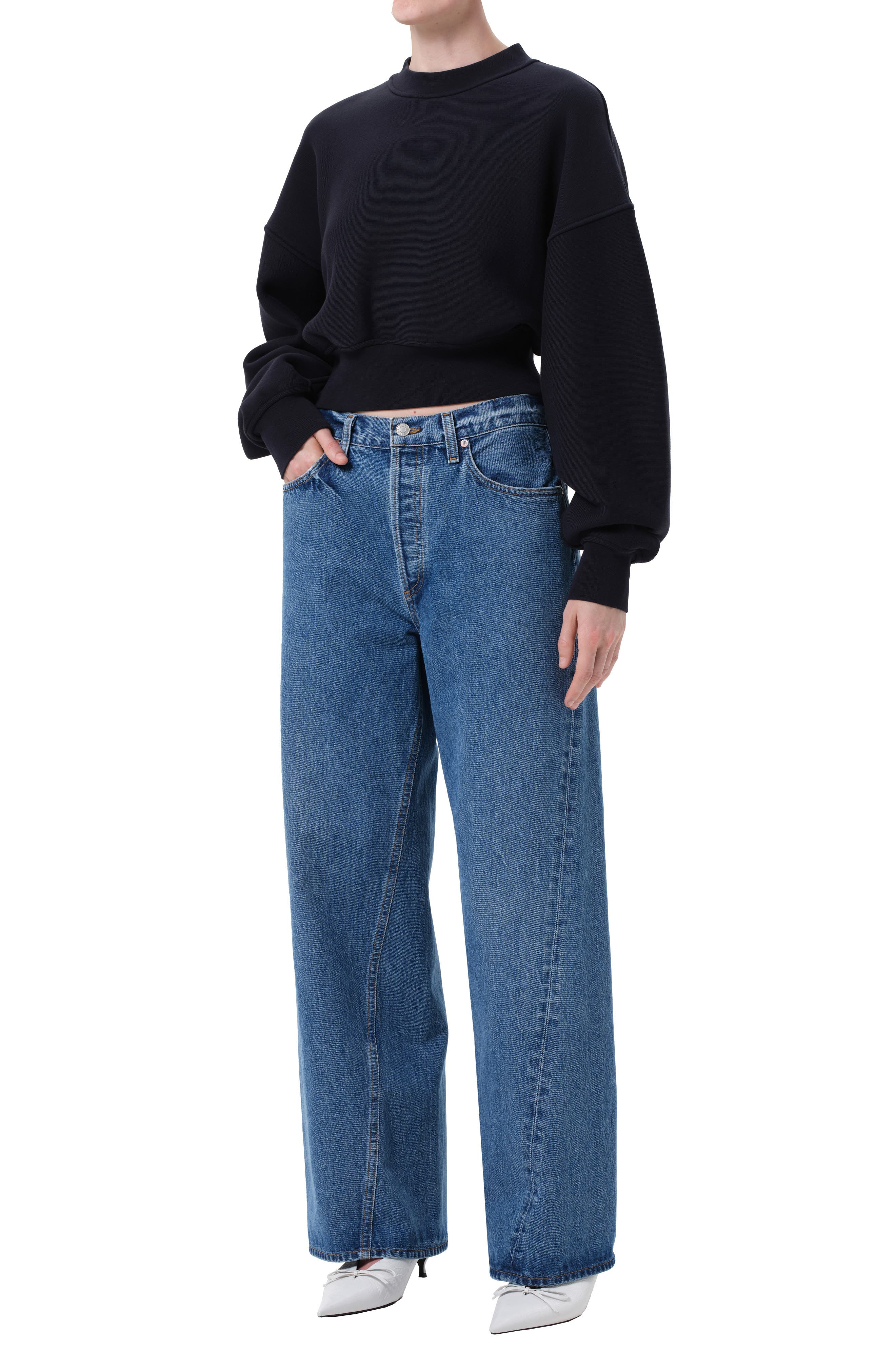 AGOLDE Kit Cotton Fleece Crop Sweatshirt in Mirage Deep Dk Navy at Nordstrom - 5
