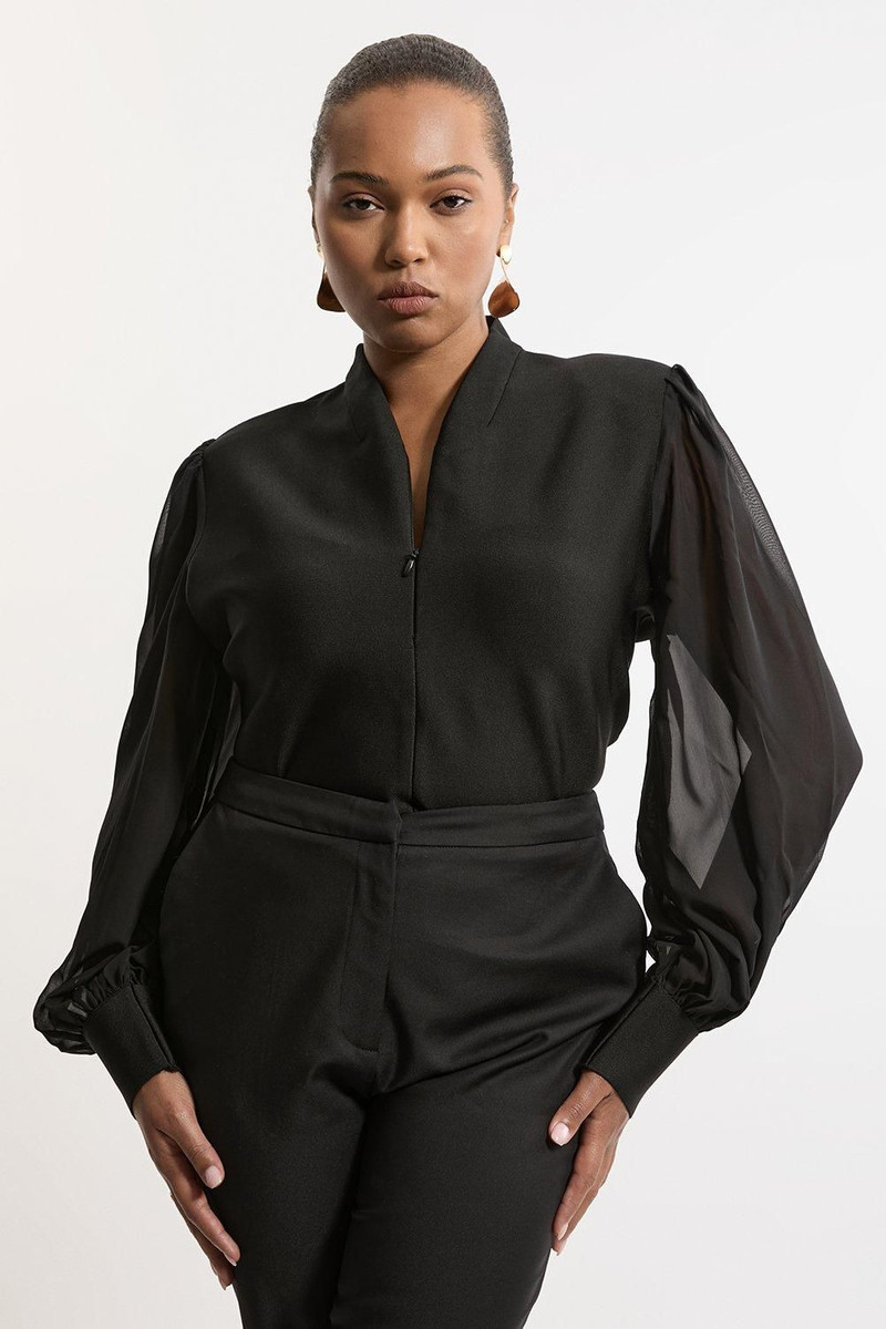Plus Size Bandage Figure Form Zip Detail Chiffon Sleeve Knit Top 1