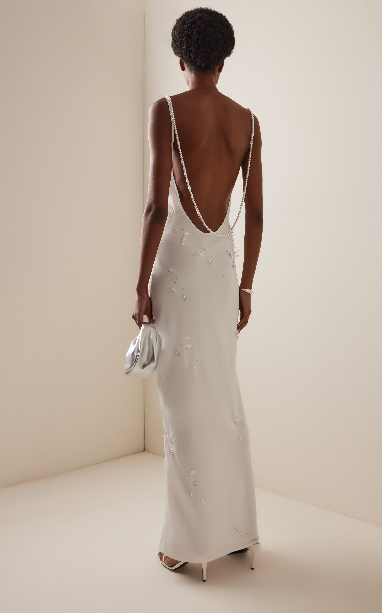 Pearl-Embroidered Silk Maxi Slip Dress white - 4