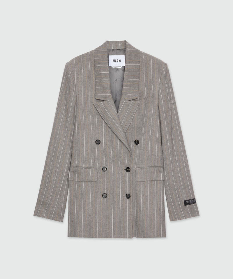 Double-breasted grey melange jacket in lightweight chevron pinstripe wool 1