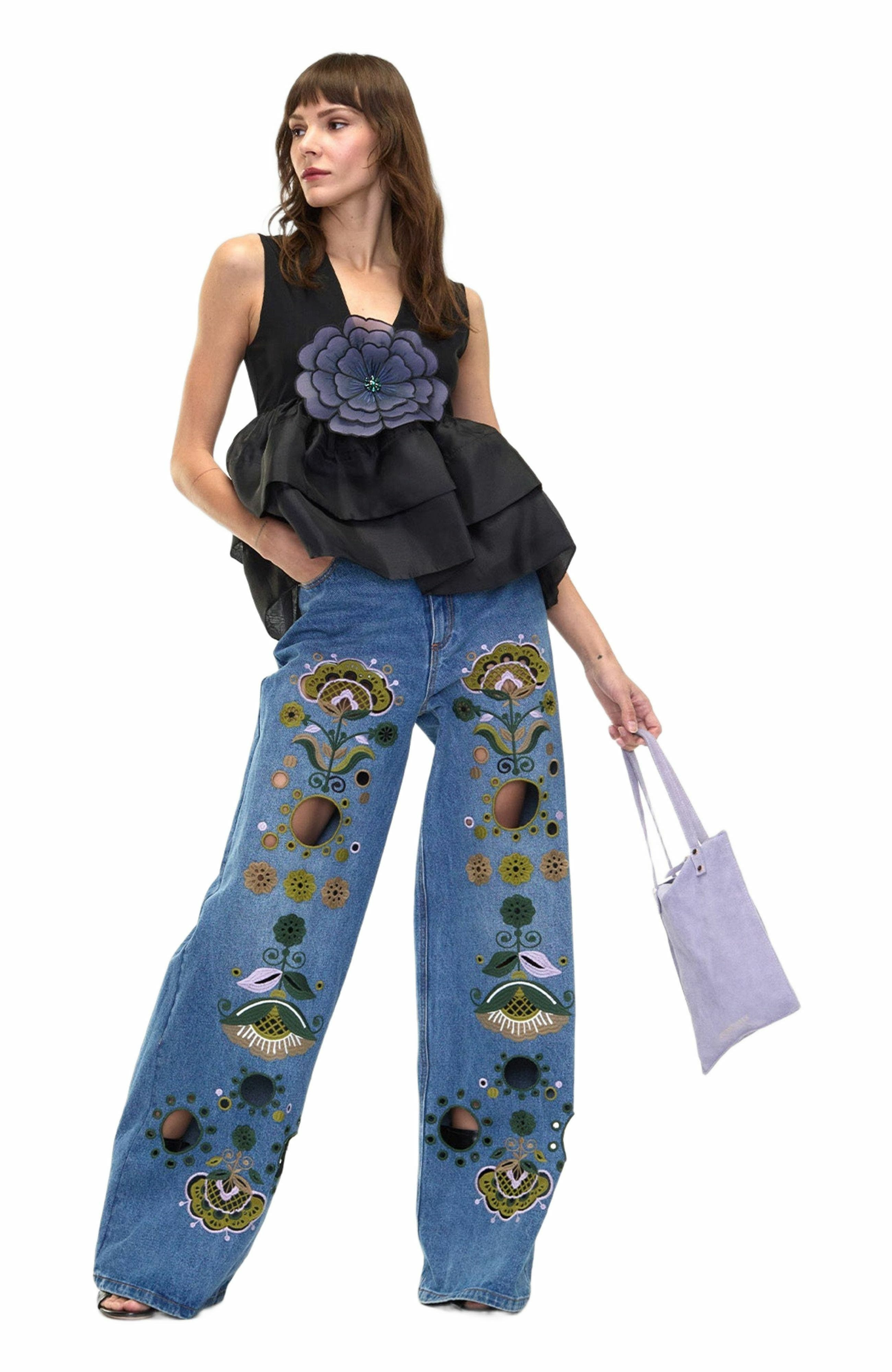 Cynthia Rowley Embroidered Wide-leg Jean in Blue_Multi at Nordstrom - 4
