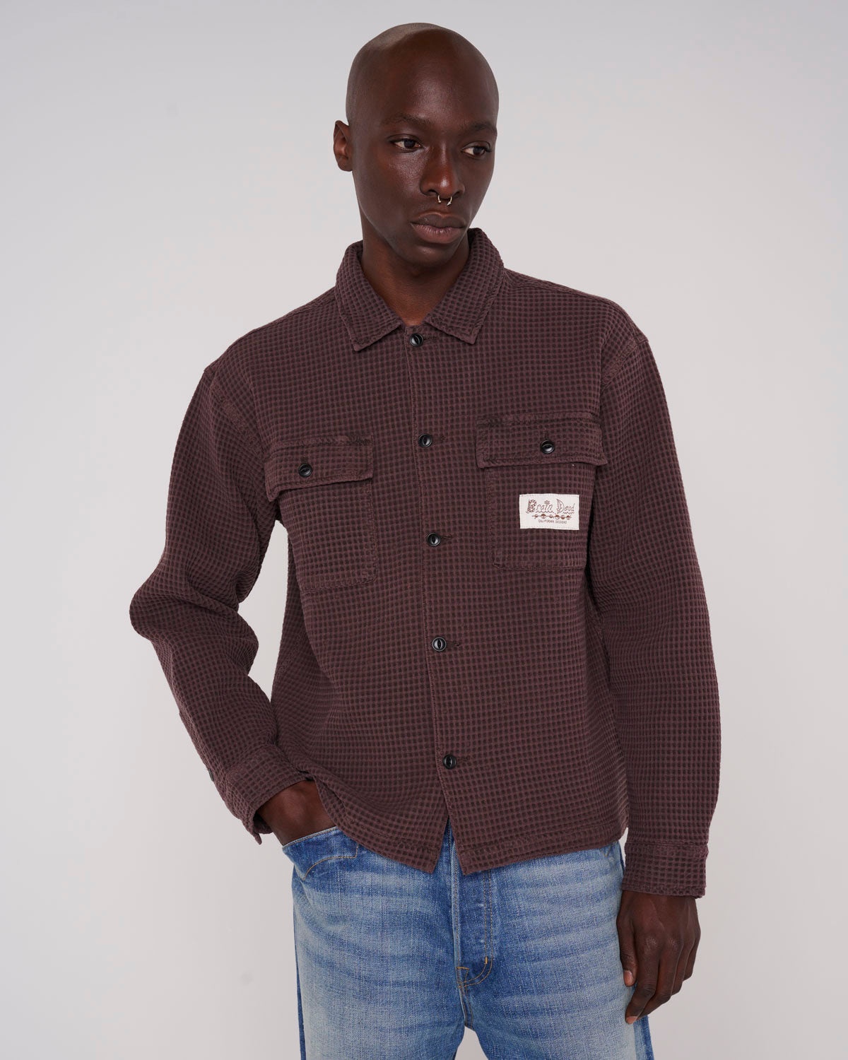 Waffle Button Front Shirt - Chocolate - 4