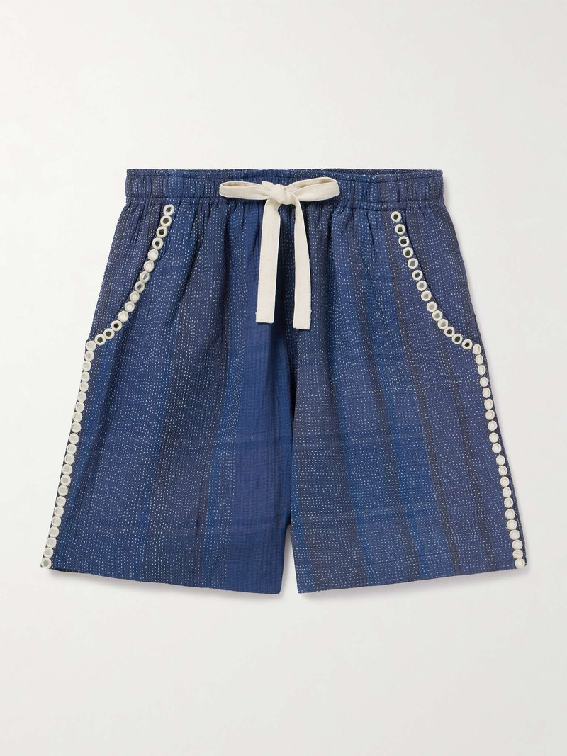 Embellished Embroidered Cotton Drawstring Shorts 1