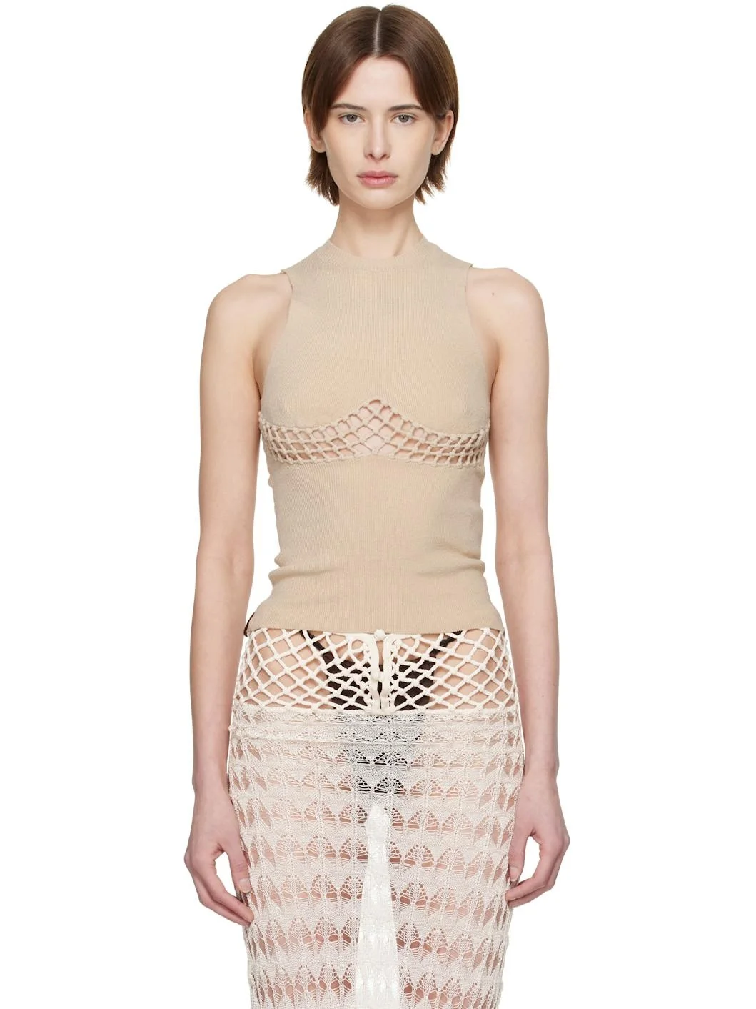 Beige Curved Accent Tank Top - 1