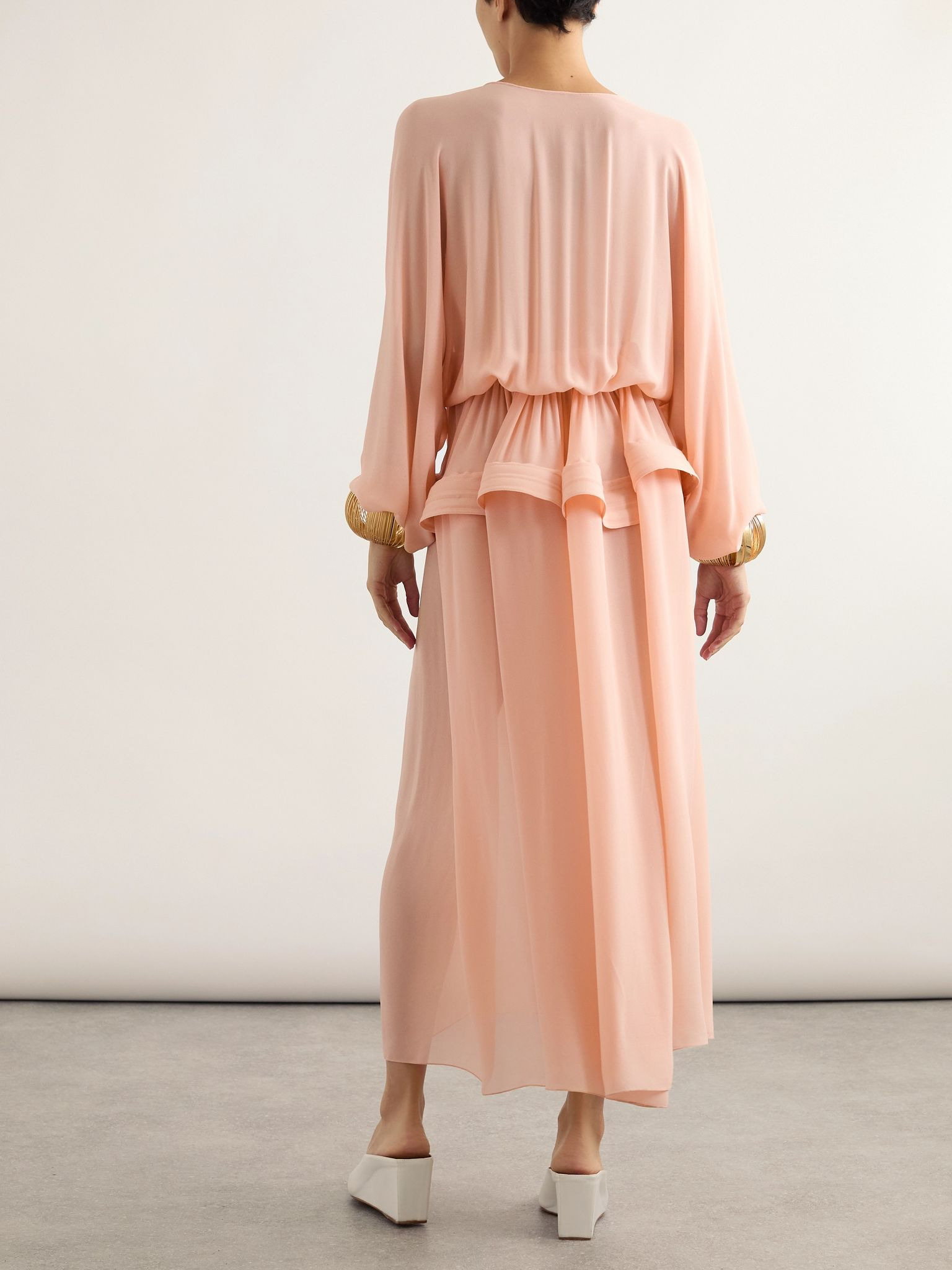 Gathered georgette peplum midi dress Peach - 3