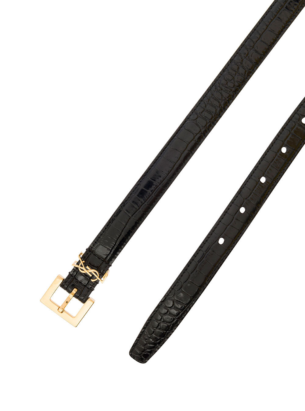 Saint Laurent Women Black Thin Belt With Square Buckle And Cassandre In Crocodile-Embossed Leather W - 3