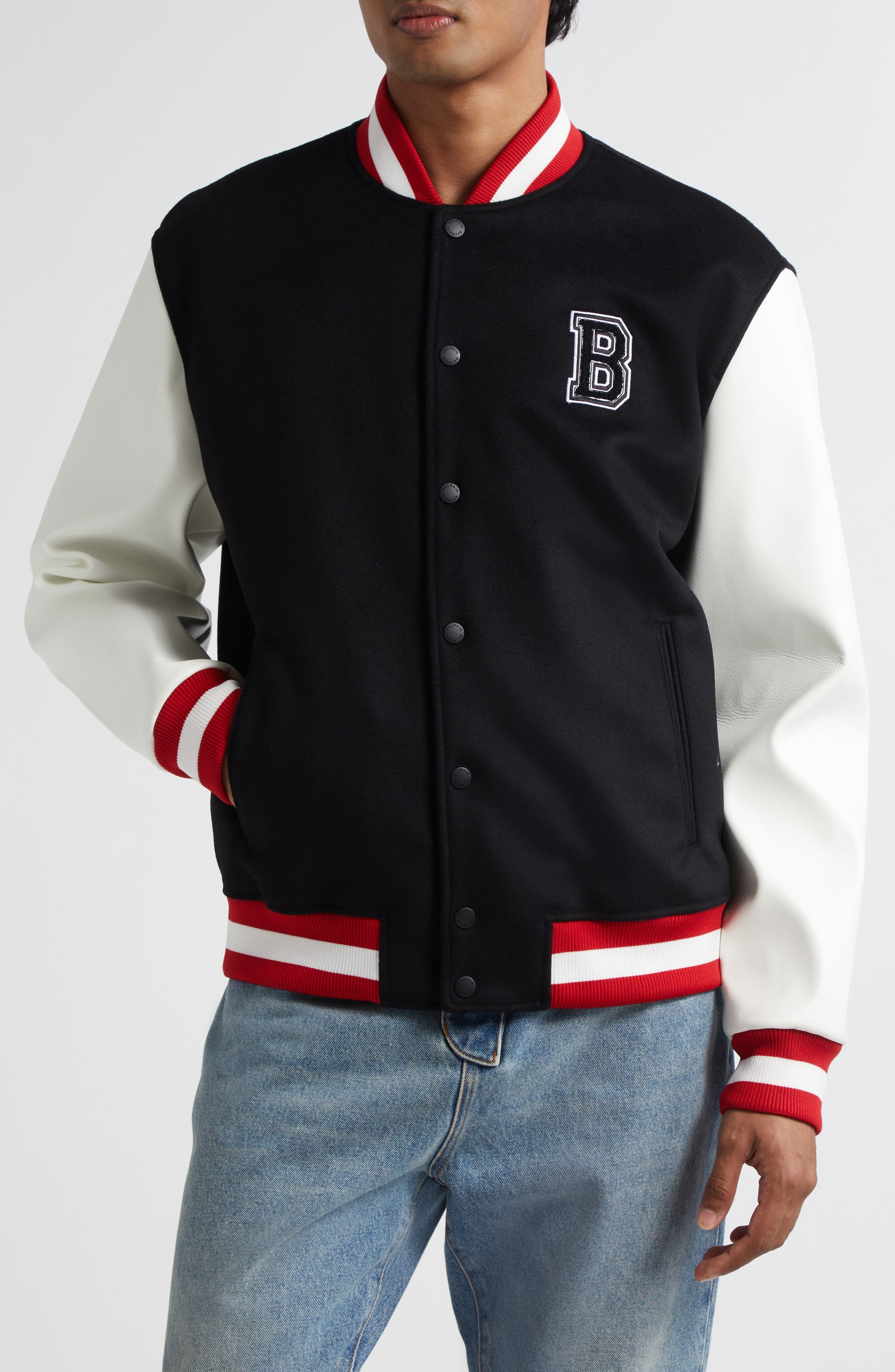 Balmain Logo Embellished Virgin Wool & Faux Leather Varsity Jacket in Ebe Black/White/Red at Nordstr - 1