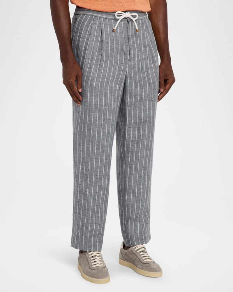 Men's Linen Pinstripe Pleated Drawstring Trousers 4