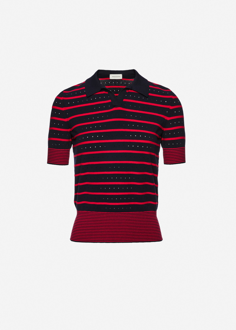 Polo knit top with frill details in navy 1