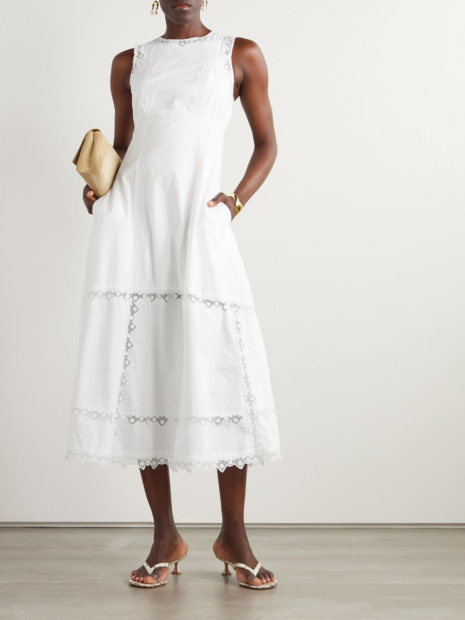 Anela embroidered tulle-trimmed cotton-poplin midi dress White - 2