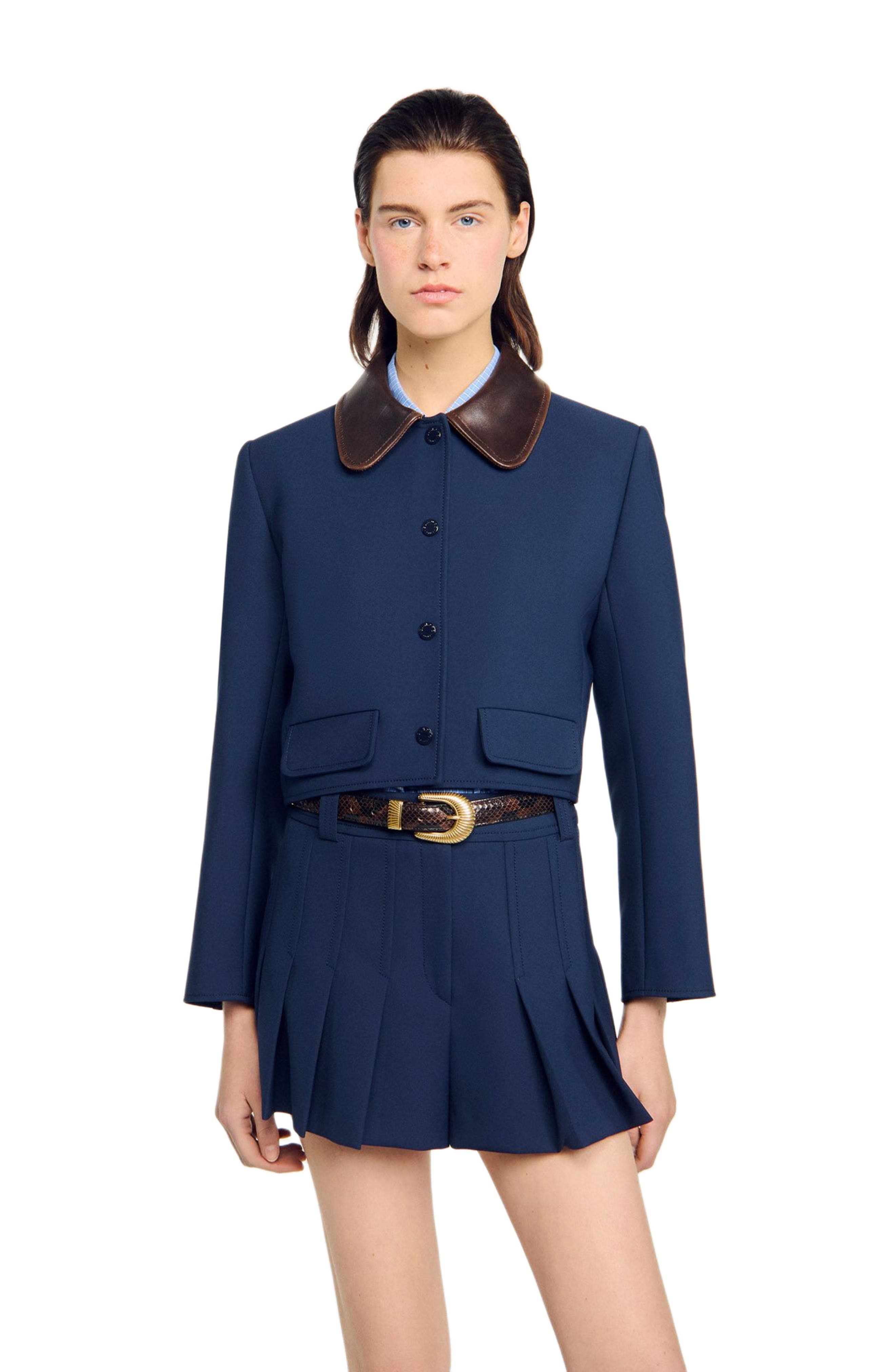 SANDRO Cropped jacket with leather collar in Navy Blue at Nordstrom - 3