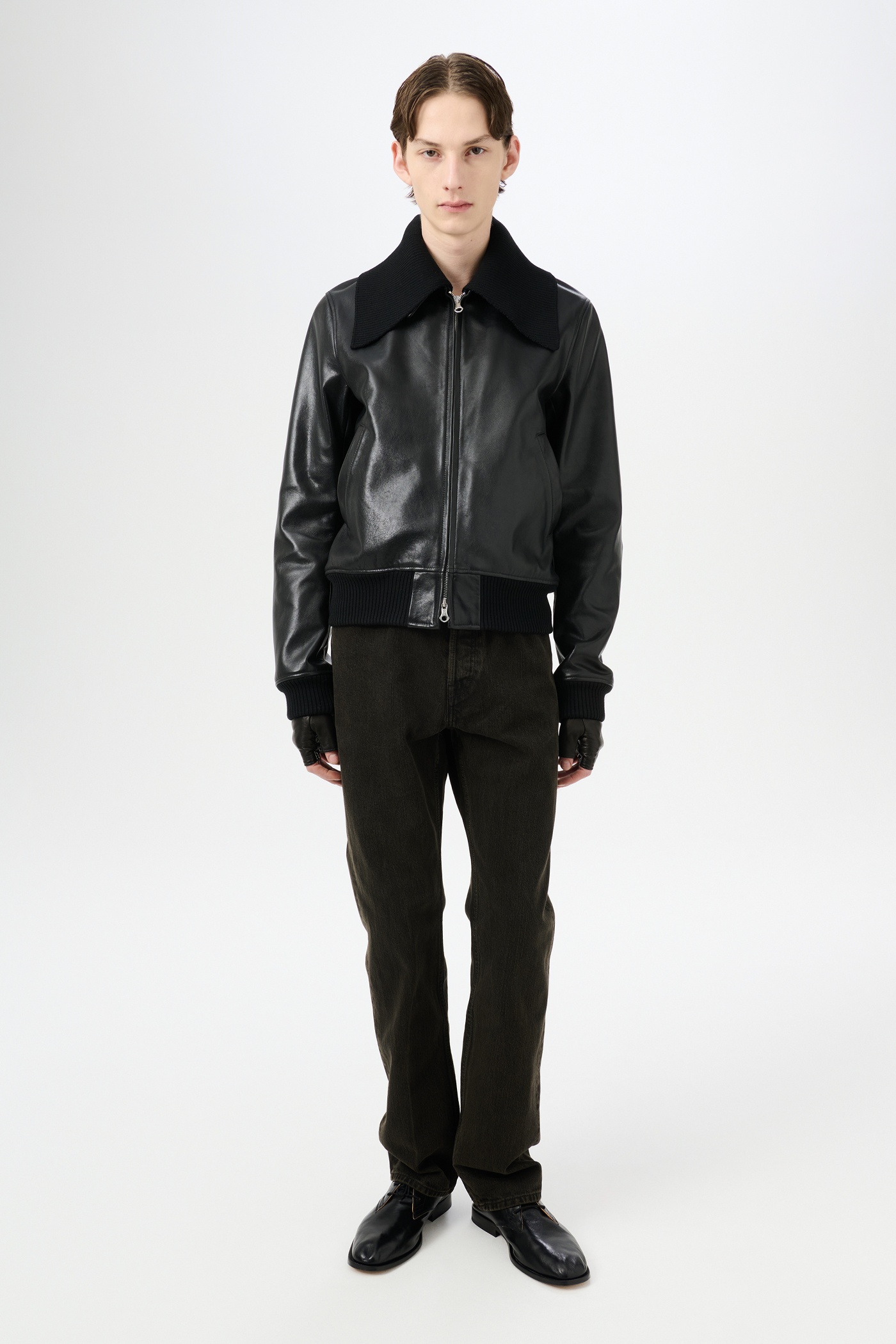 【襟取り外し可能 /レザー】OUR LEGACY PHAROS BOMBER OUR LEGACY: Black Pharos Leather Bomber Jacket | SSENSE