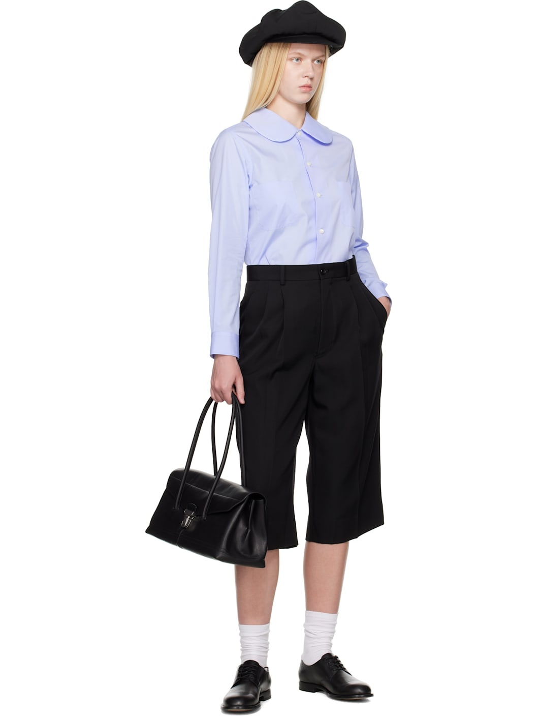 Black Wool Gabardine Pleated Wide Trousers - 4