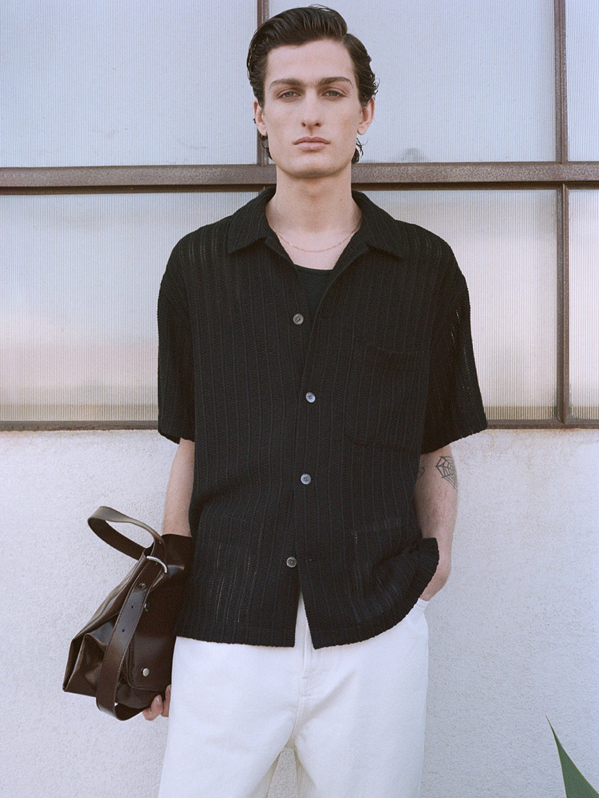 Crochet Short Sleeve Shirt in Black - 2