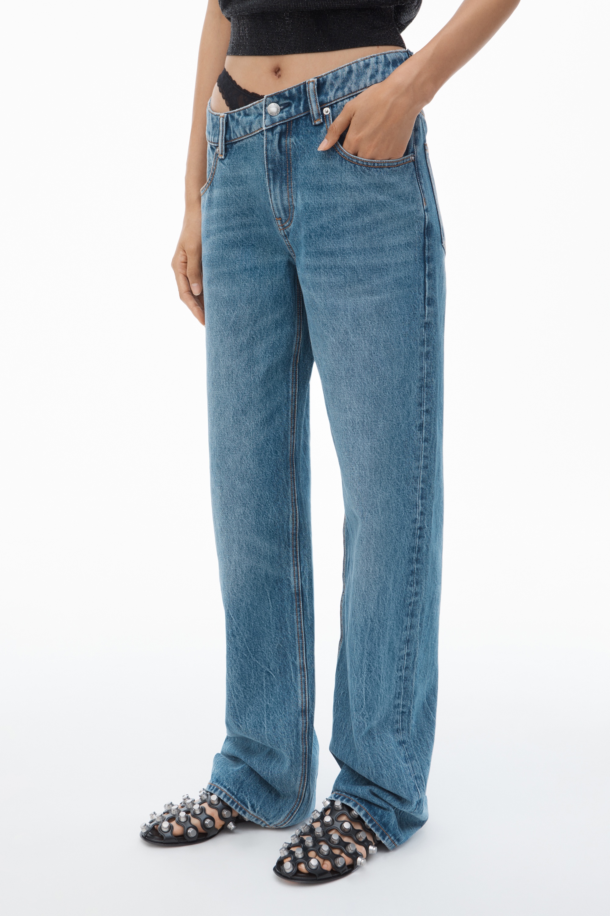 Pre-Styled Denim Jeans with Asymmetrical Lace Waistband - 3