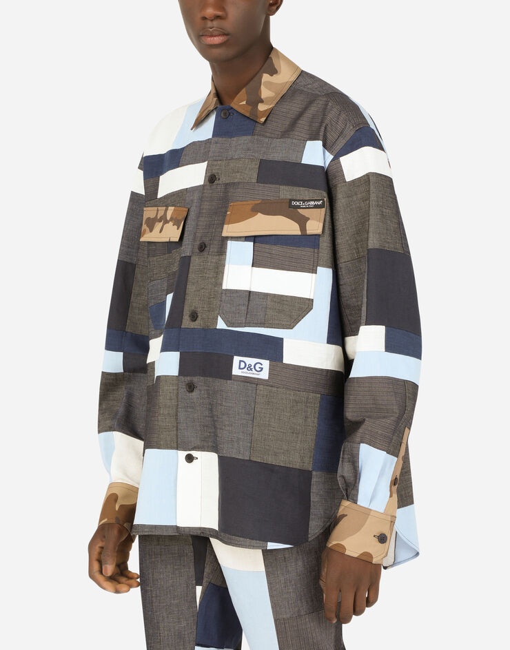 Cotton and linen patchwork shirt with patch - 4