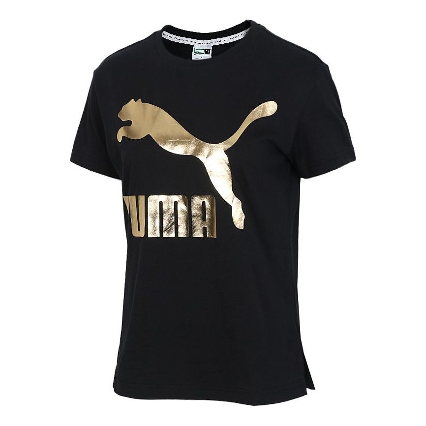 (WMNS) PUMA Classics Logo Short Sleeve TEE Black/Gold 579406-83 - 1