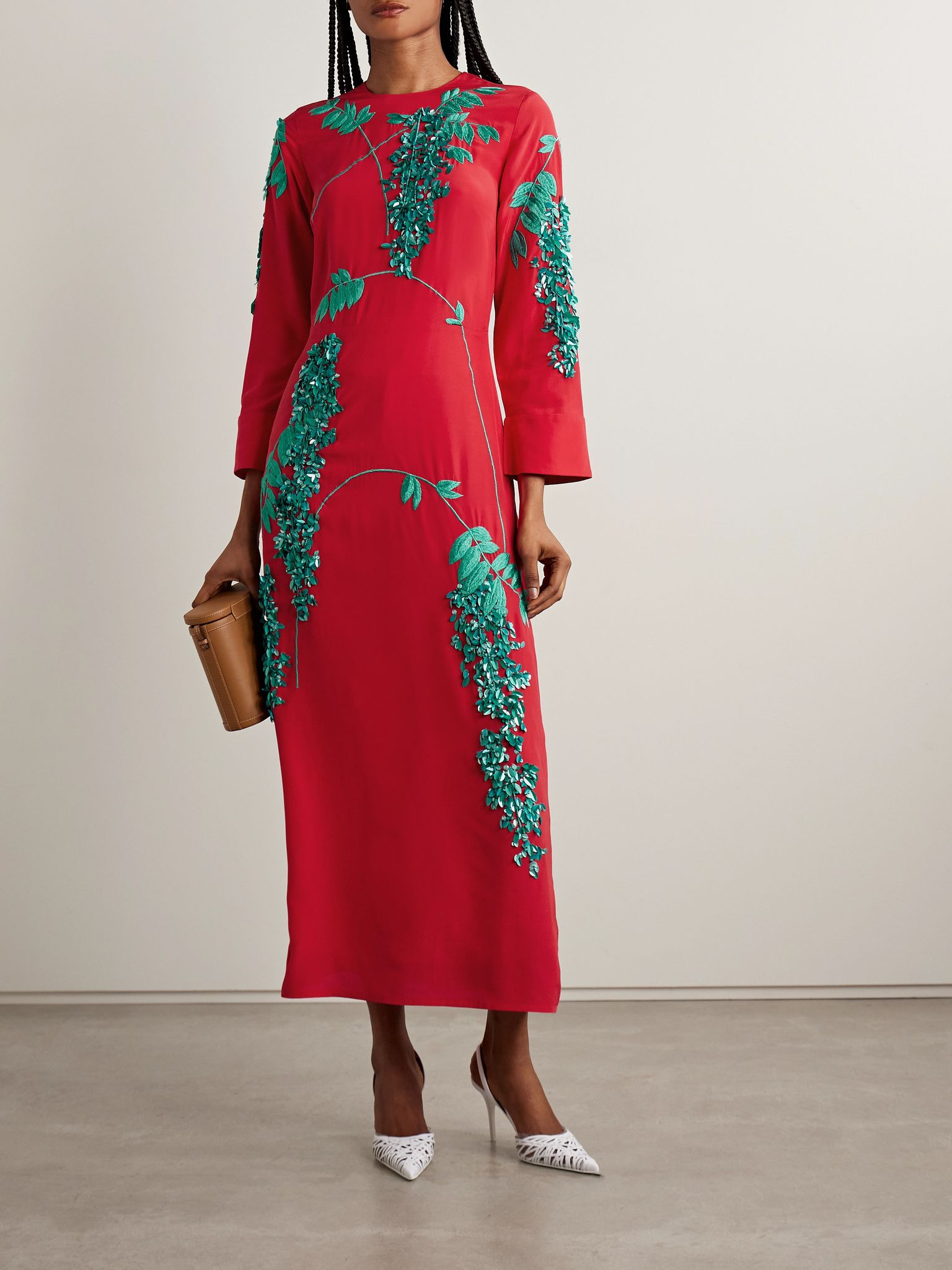 Harry embellished embroidered silk crepe de chine midi dress Red - 2